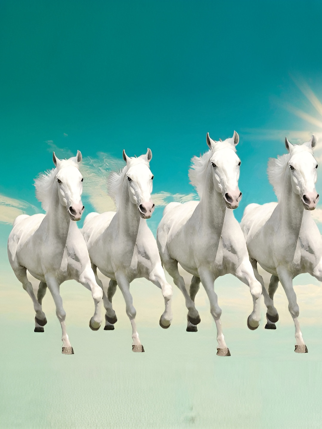 British Terminal White & Blue Seven Lucky Running Horses Animals Wall Photograph