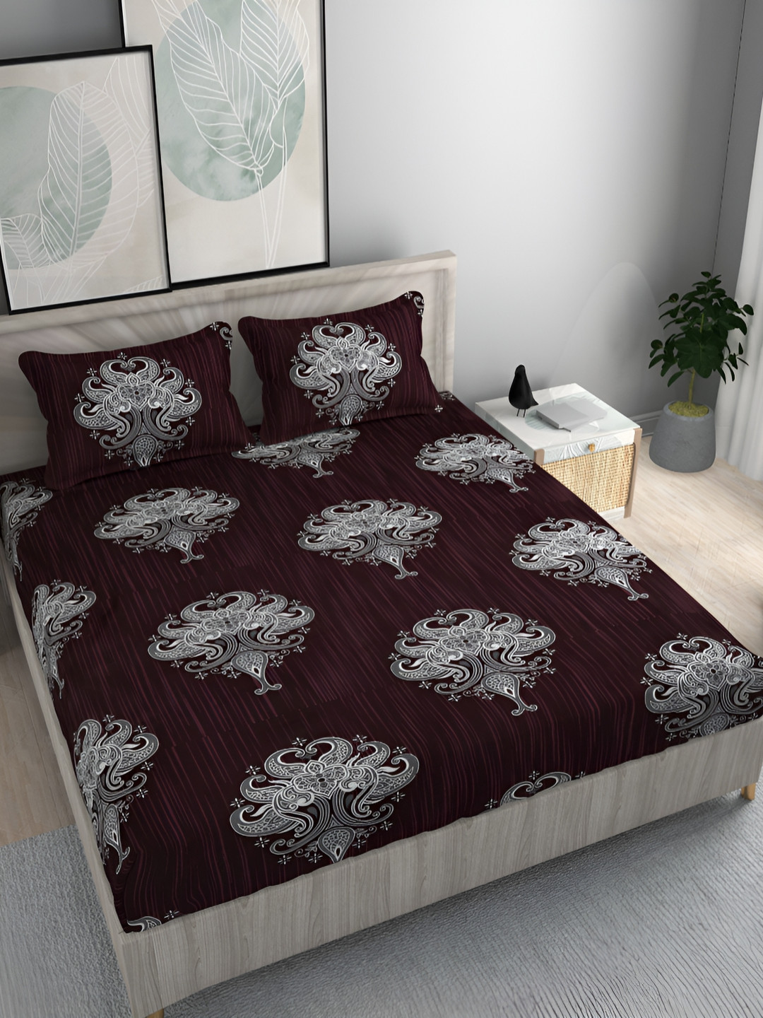 FINE TEX WORLD Elite Brown Ethnic Motifs Microfiber 210 TC Fitted King Fine Bedsheet with 2 Pillow Covers-182.88 x 198.12 cm