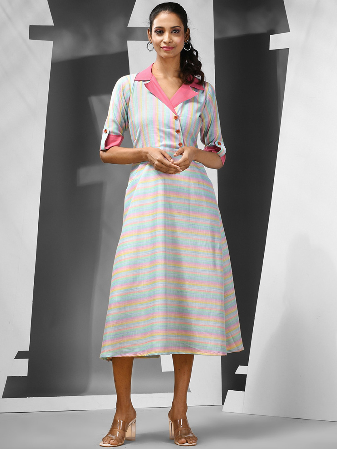 Charukriti Women's  Striped Shirt Collar Roll-Up Sleeves Cotton A-Line Midi Dress