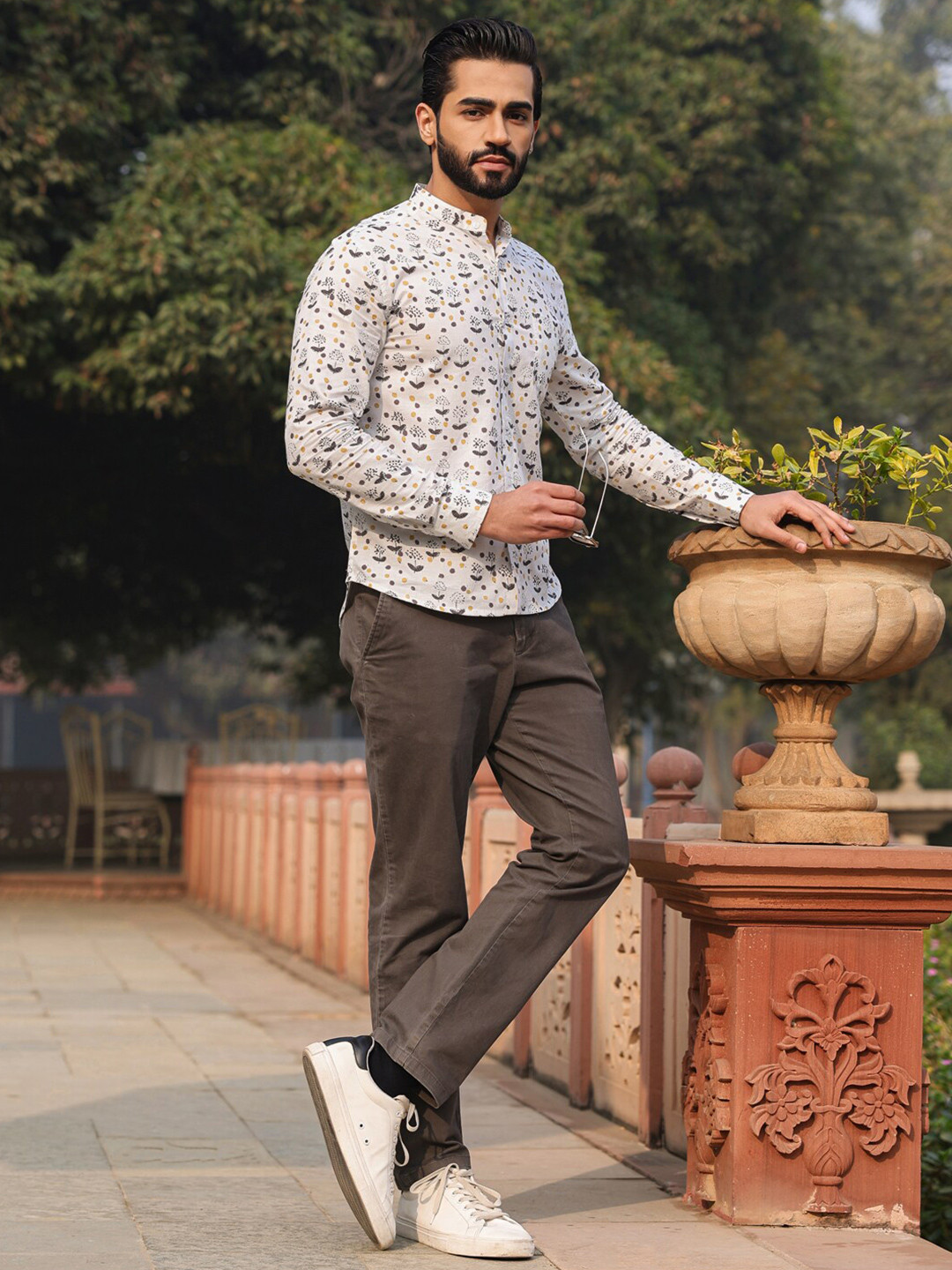 SANSKRUTIHOMES Straight Floral Printed Band Collar Breathable Cotton Casual Shirt
