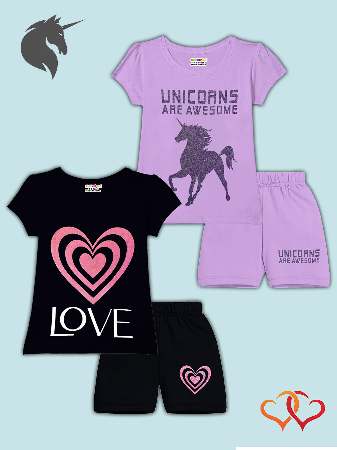 KUCHIPOO Girls Pack Of 2 Graphic Printed Clothing Sets