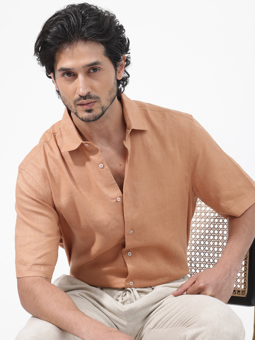 RARE RABBIT Men Linex-1 Regular Fit Spread Collar Linen Shirt