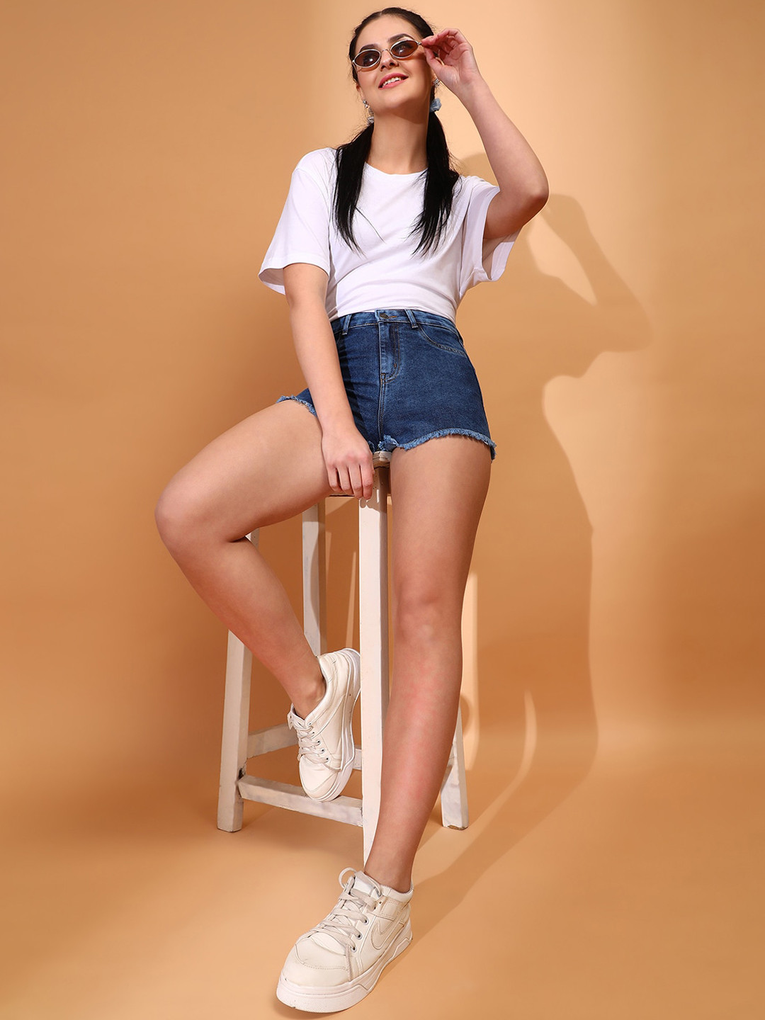 TALES & STORIES Women Solid Blue Washed Mid-Rise Outdoor Denim Shorts