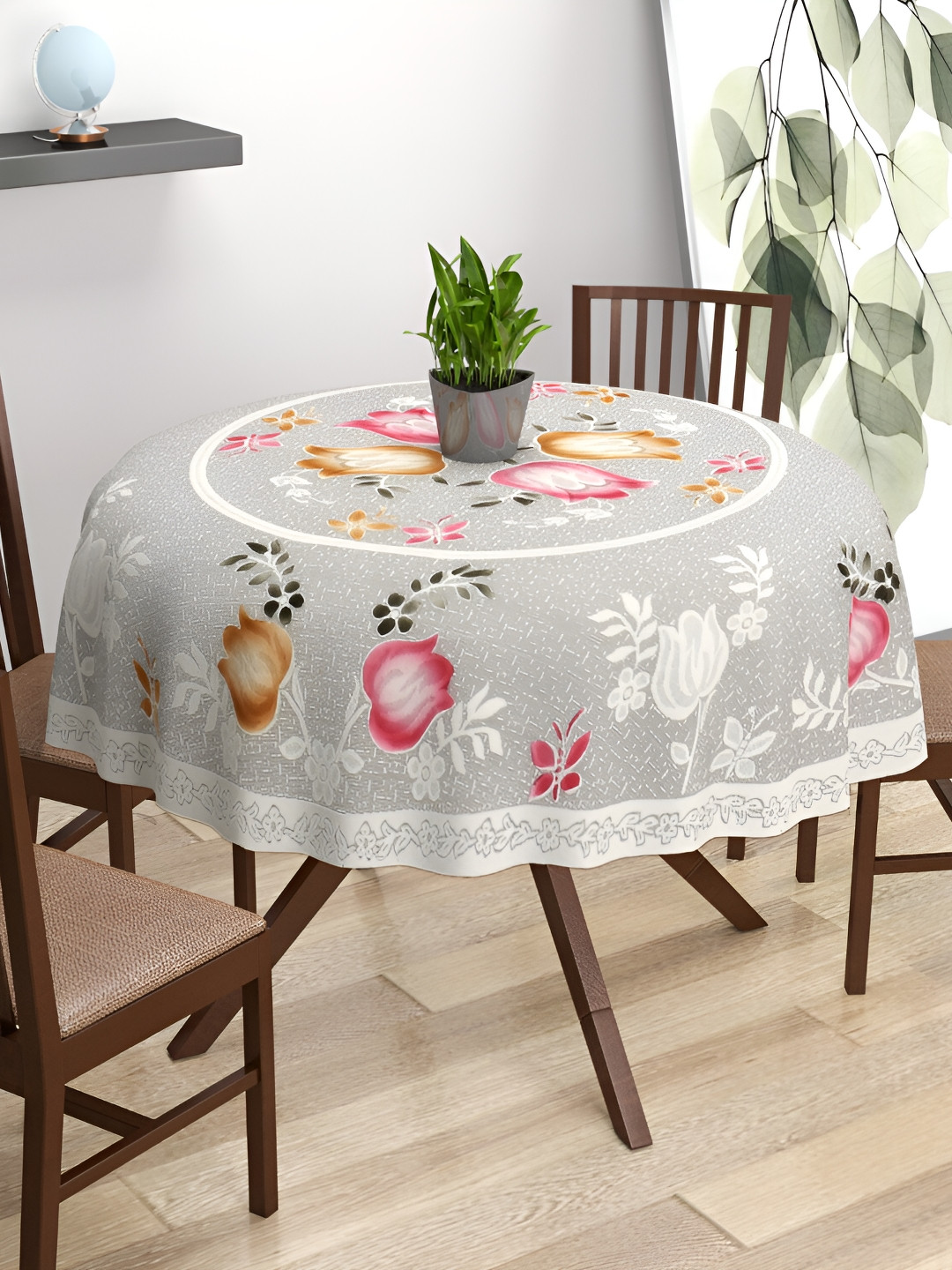 BIGGER FISH White & Grey Floral Cotton Round 6-Seater Table Cover