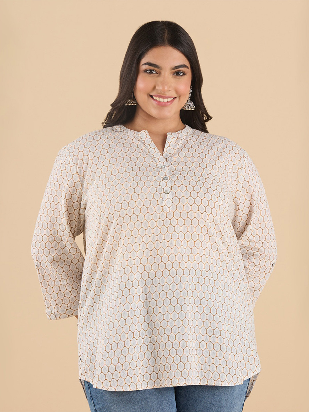 Big Hello - The Plus Life Botanical Printed Mandarin Collar Pure Cotton Straight Kurti