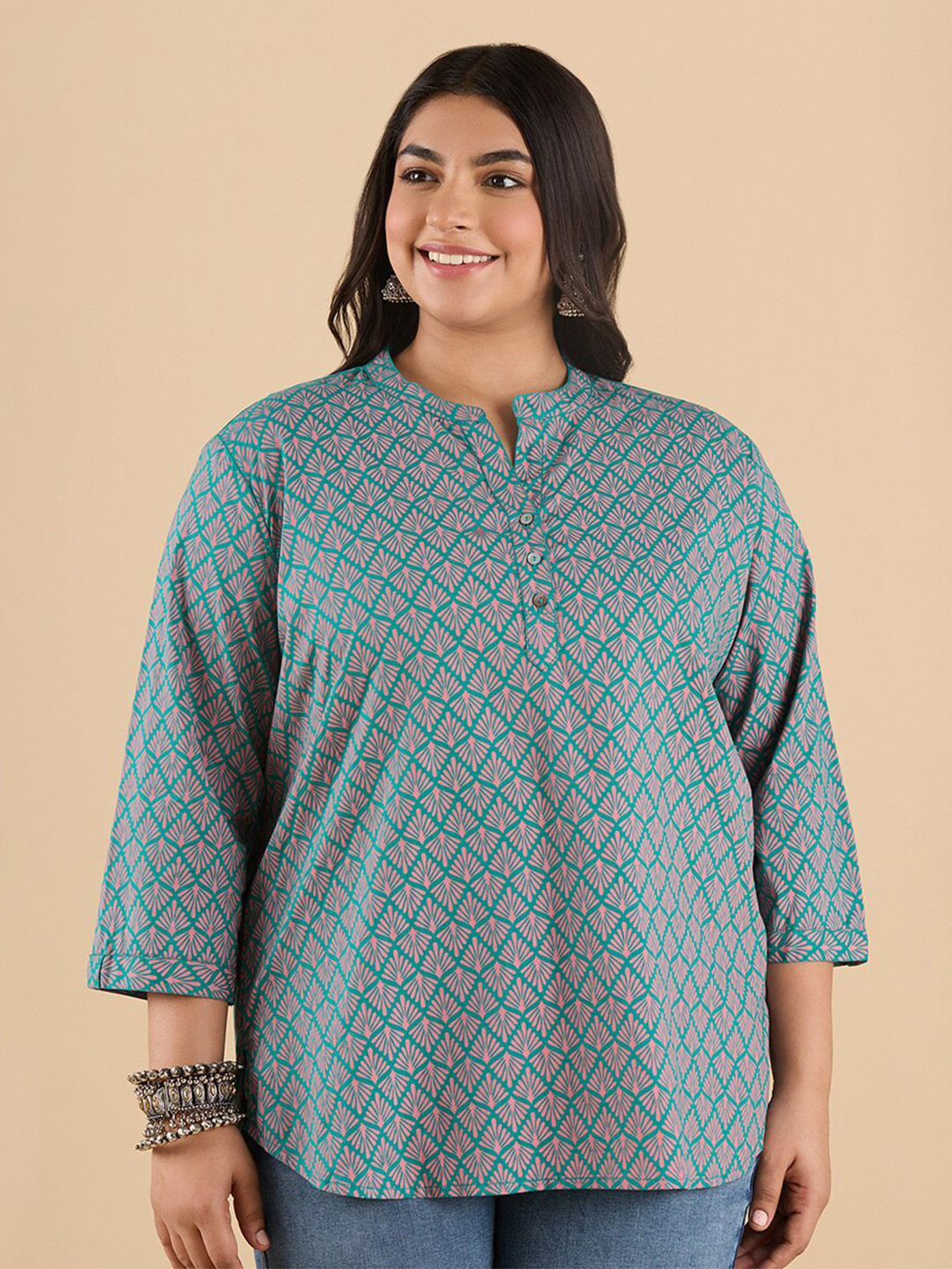 Big Hello - The Plus Life   Ethnic Printed Mandarin Collar Pure Cotton Kurti