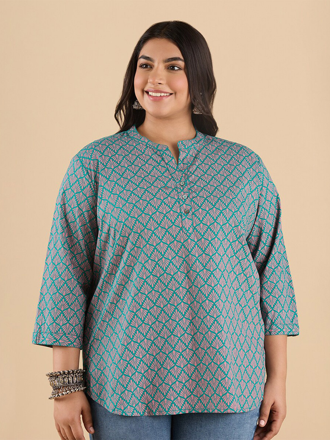 Big Hello - The Plus Life   Ethnic Printed Mandarin Collar Pure Cotton Kurti