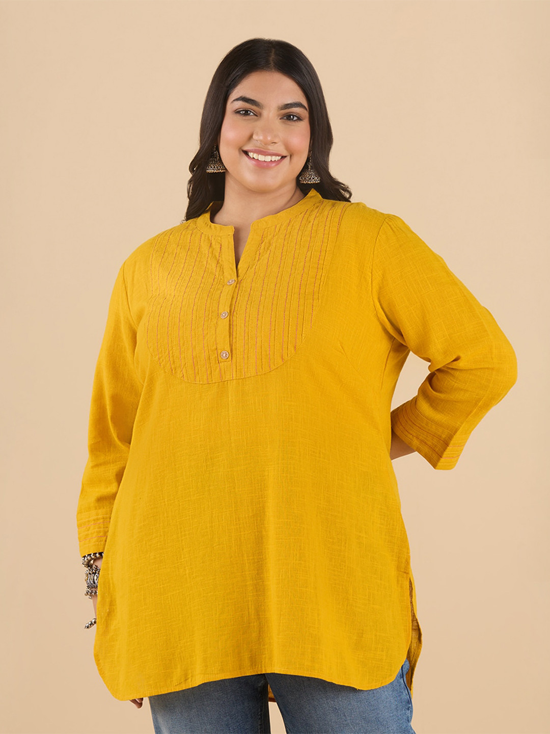 Big Hello - The Plus Life Mandarin Collar High-Low Pure Cotton Straight Kurti