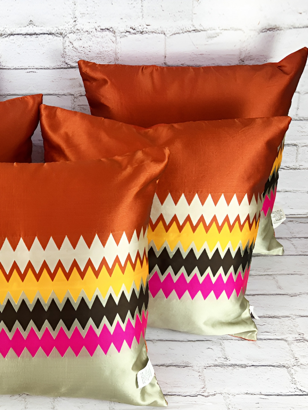 Pink Parrot Maroon Geometric Silk Anti-Wrinkle 3 Piece Square Cushion Covers -16x16In