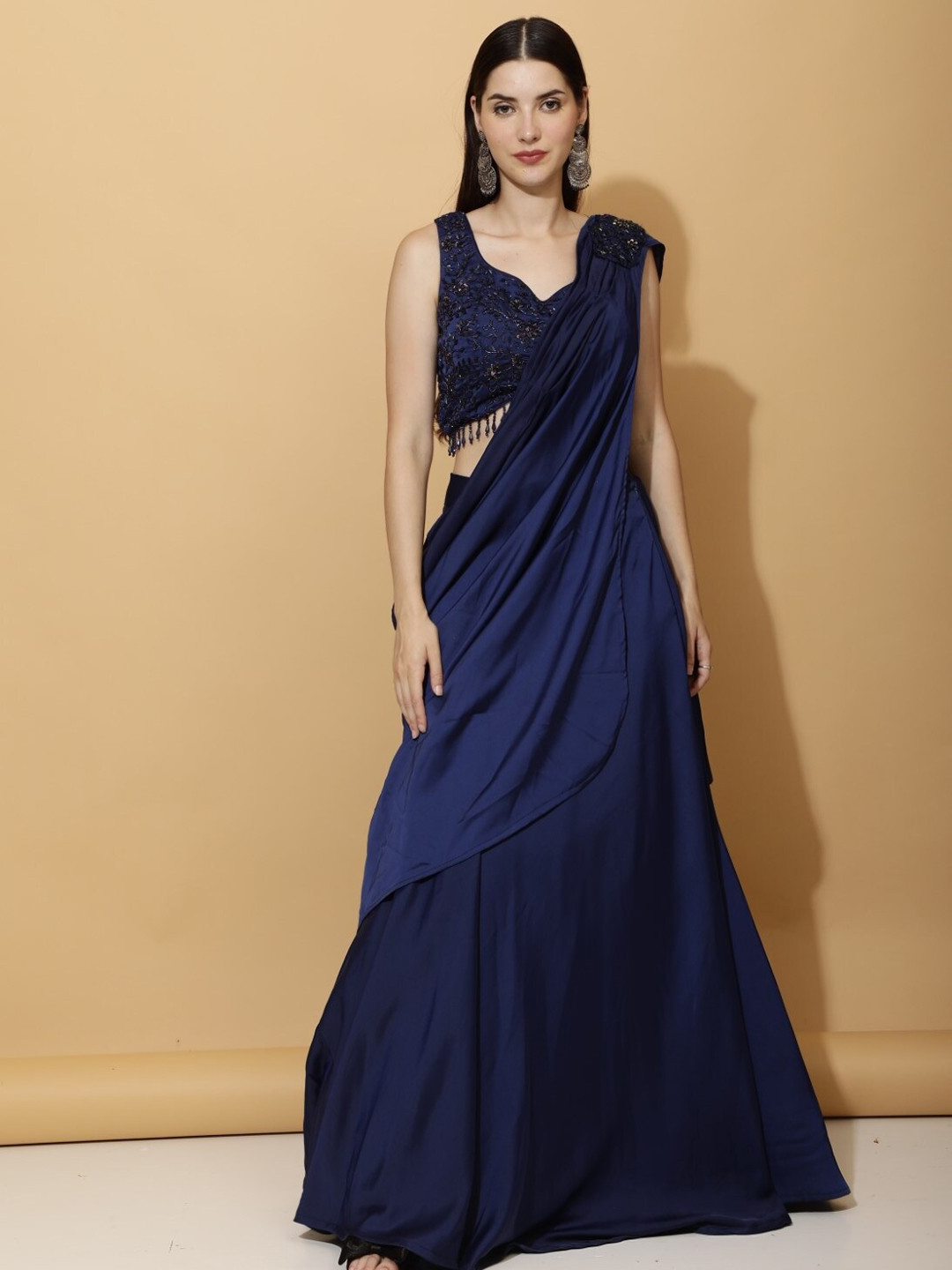 Laalzari Beads & Stones Detail Satin Ready-to-Wear Saree