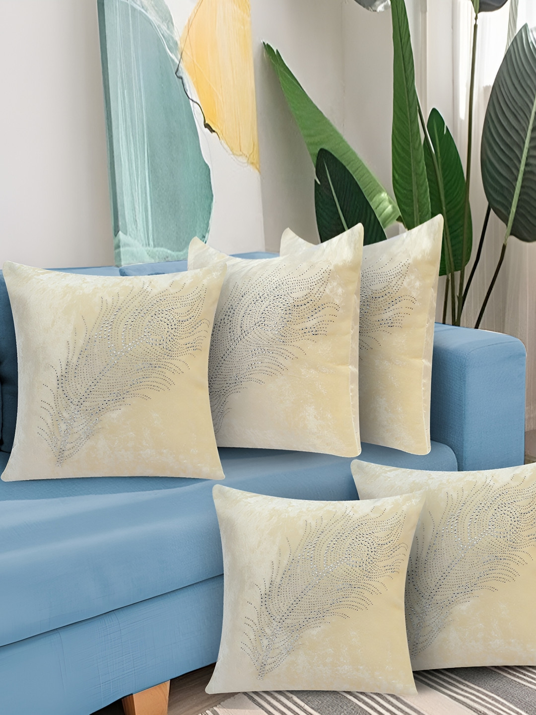 JDX Cream-Coloured & Silver-Toned 5 Pieces Floral Velvet Square Cushion Covers