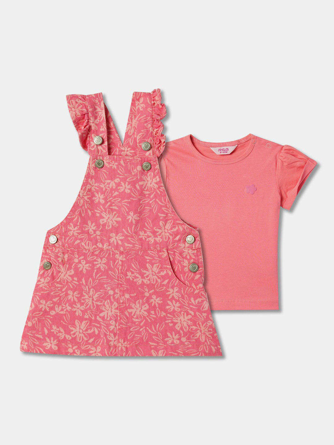 R&B Girls Floral Print Cotton Pinafore Dress With T-Shirt