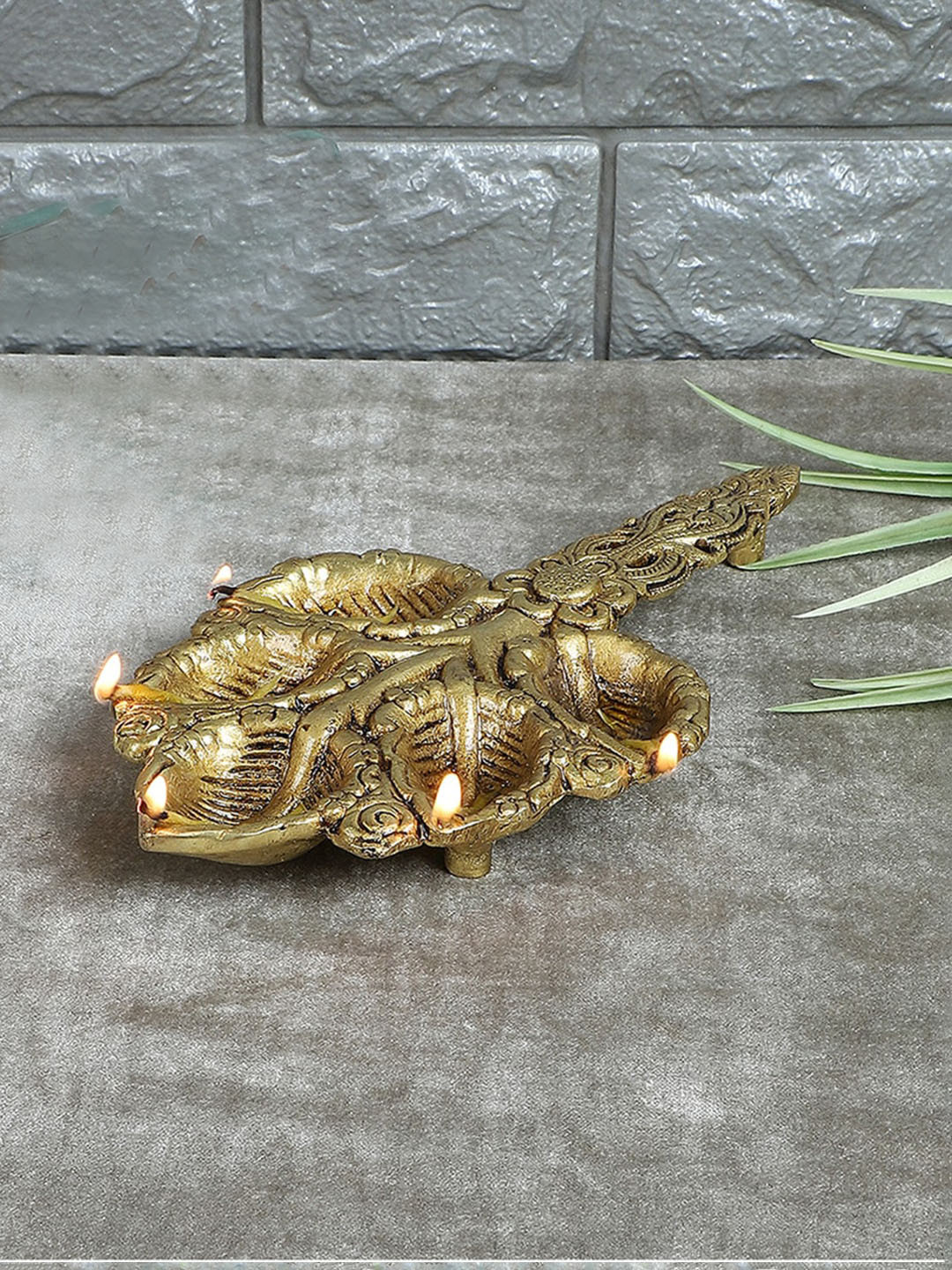 Two Moustaches Gold Toned Textured Leaf Design Diya