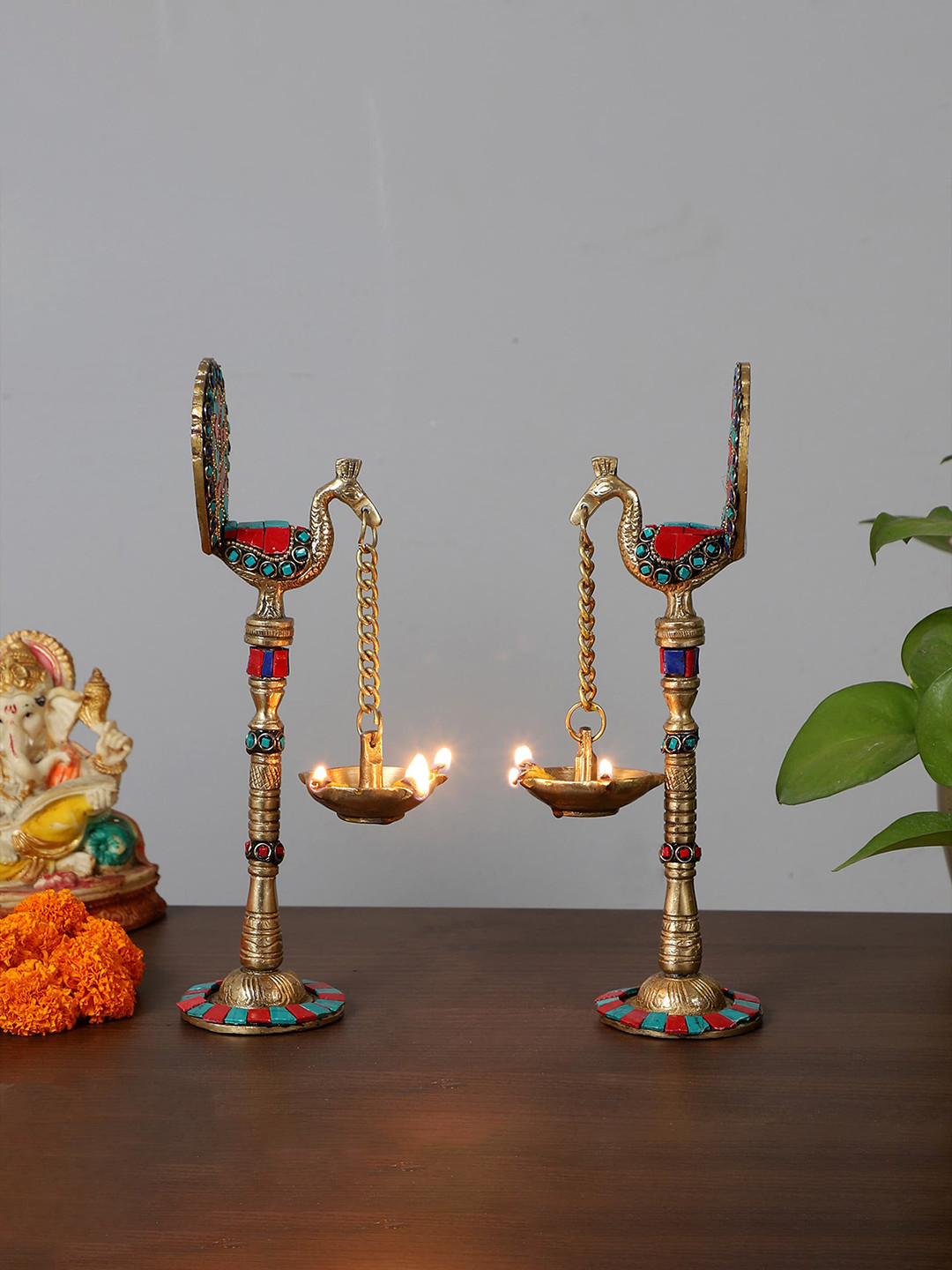 Two Moustaches Gold Toned & Red 2 Pieces Peacock Design Hanging Diyas