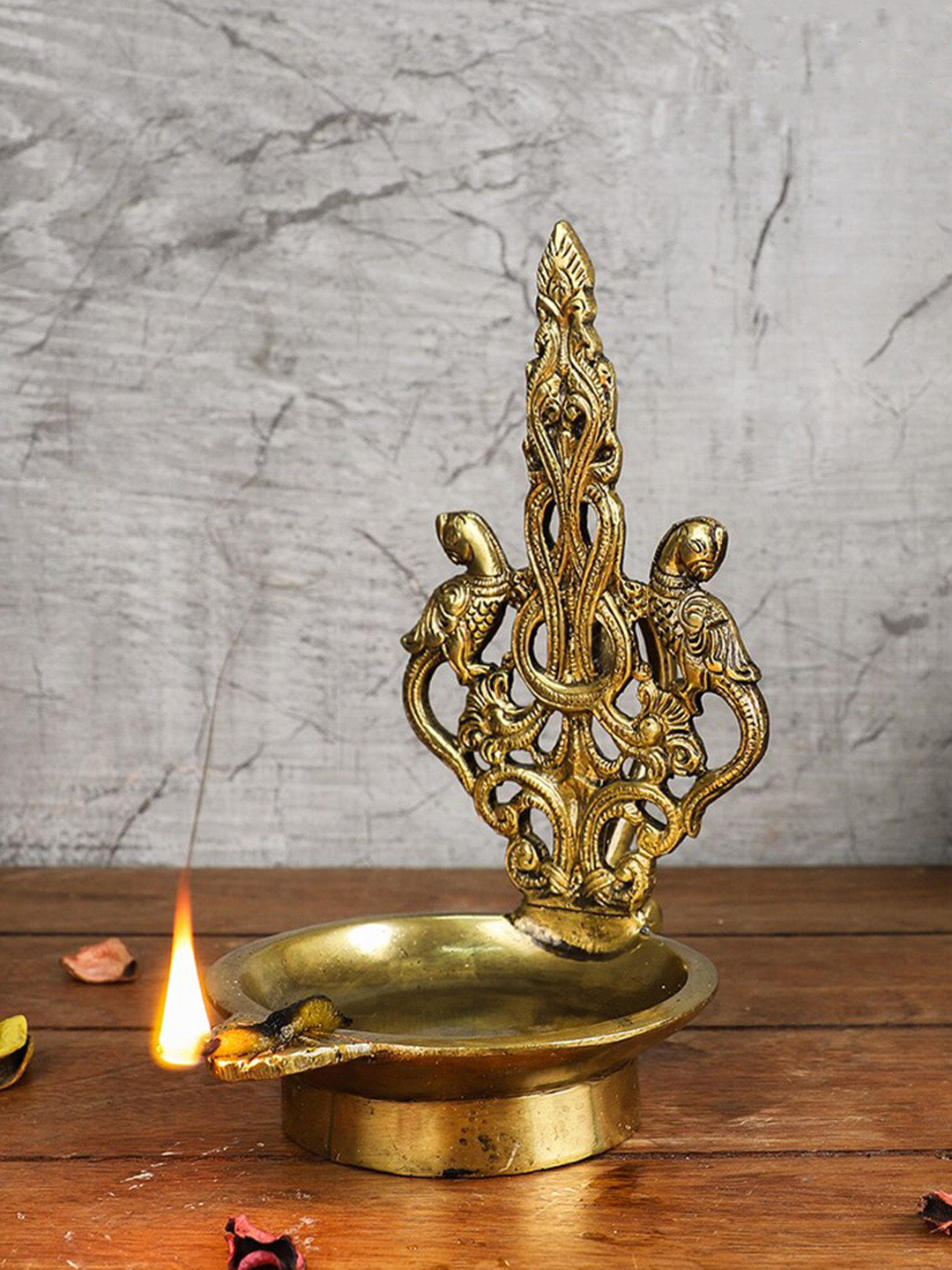 Two Moustaches Gold Toned Twin Annapakshi Ethnic Carved Brass Diya