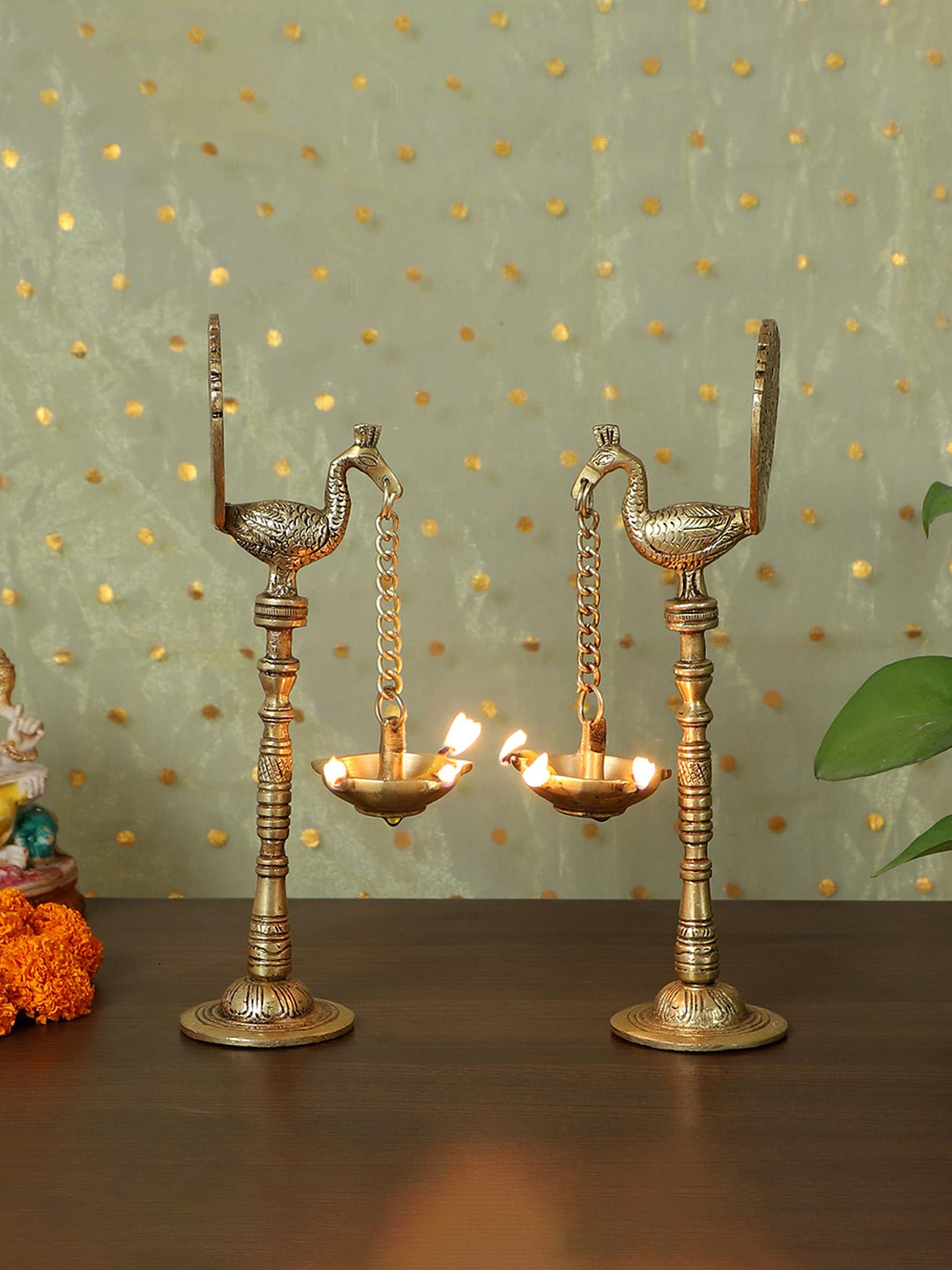 Two Moustaches Gold Toned 2 Pieces Brass Hanging  Diyas