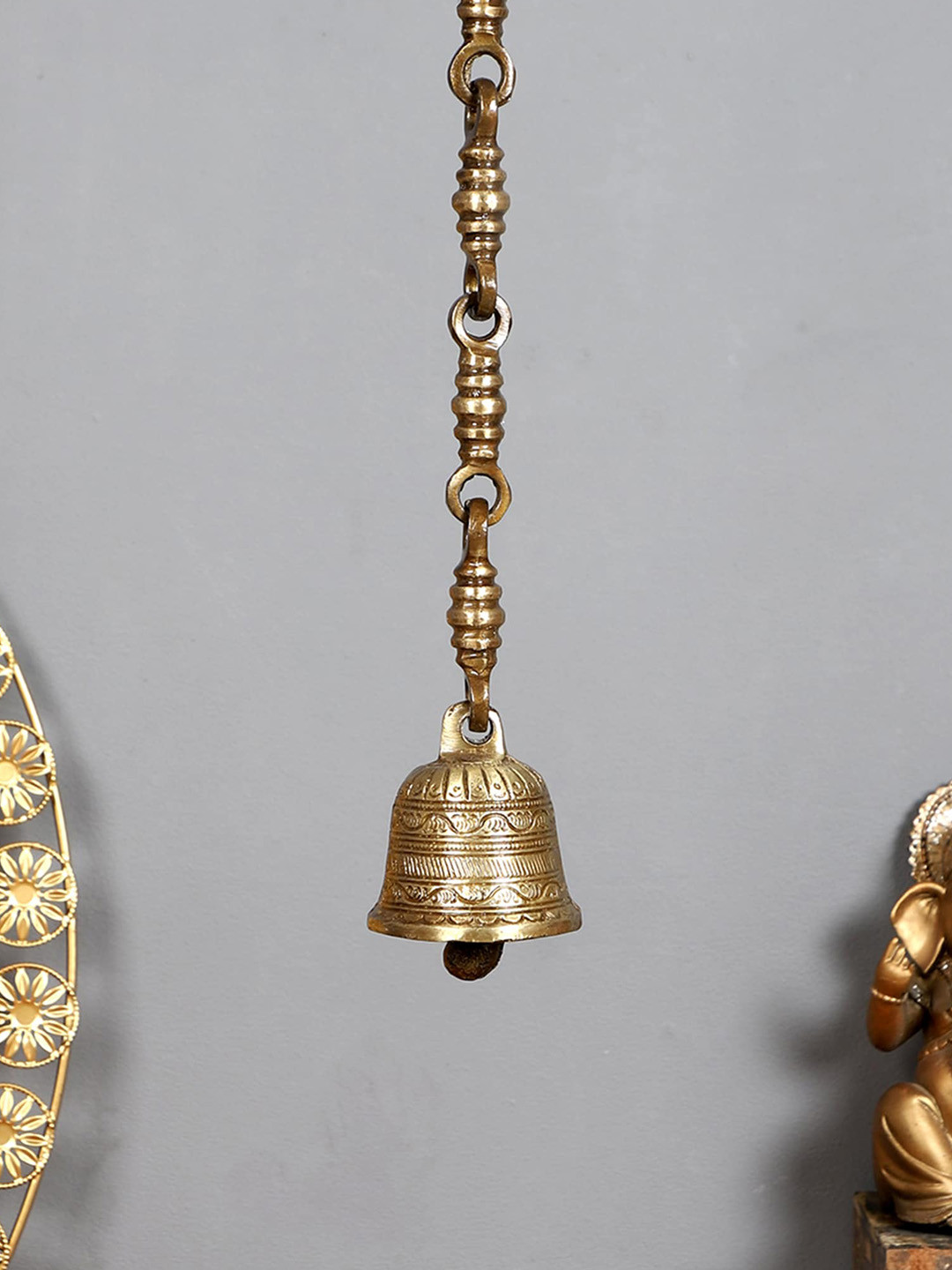 Two Moustaches Gold Toned Brass Temple Hanging Designer Bell With Ethnic Chain