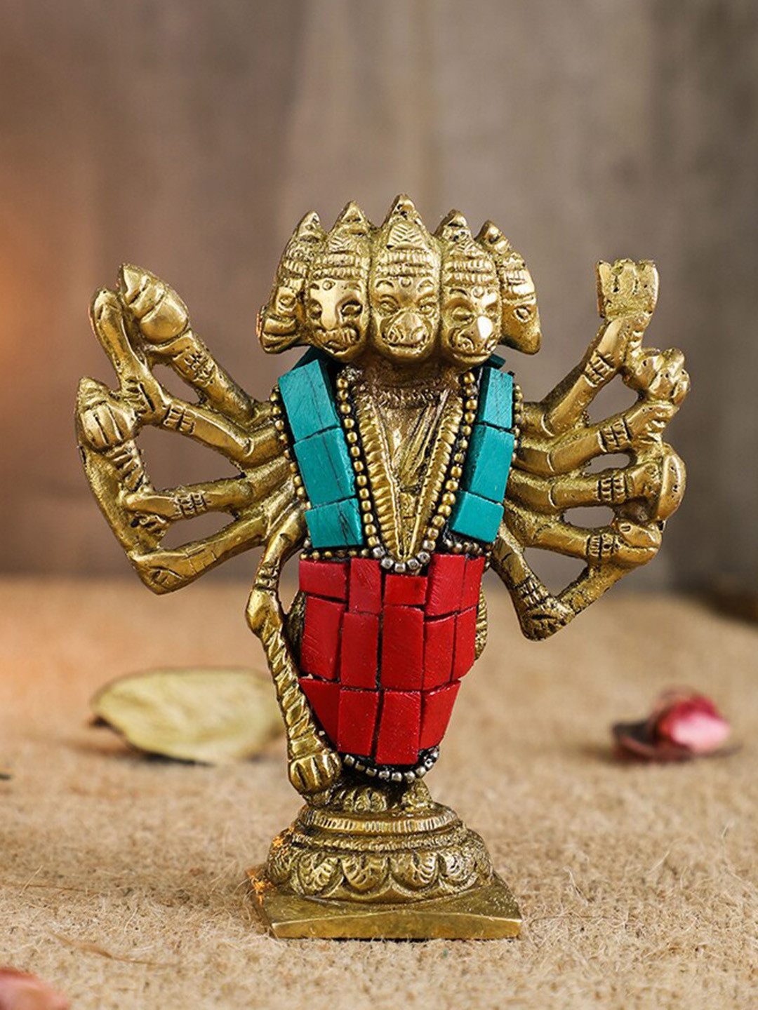 Two Moustaches Standing Panchmukhi Hanuman Gold Brass Metallic Prayer Room Medium Showpiece - 3.4 Inches