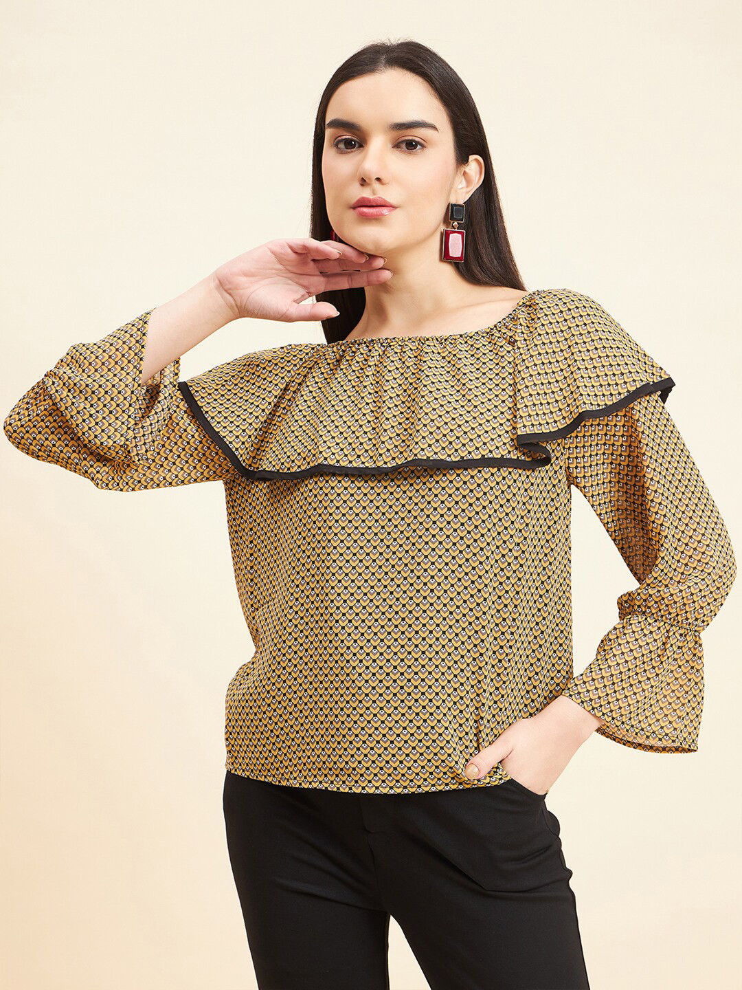 Gipsy Geometric Printed Boat Neck Top