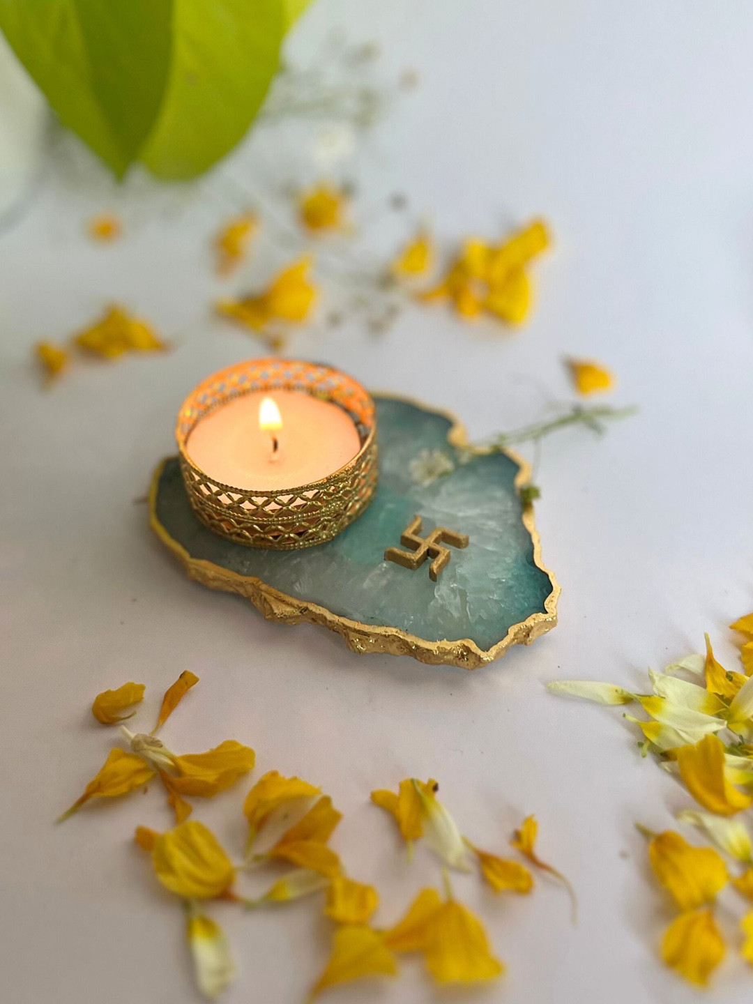 HOMEARTE Green Swastik Tea Light Candle Holder