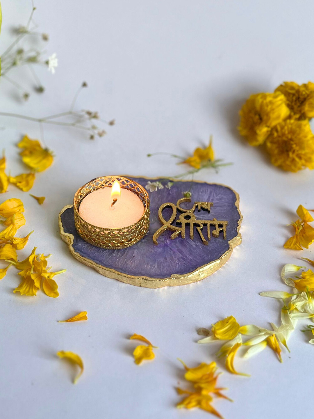 HOMEARTE Purple Jai Shree Ram Tea Light Candle Holder