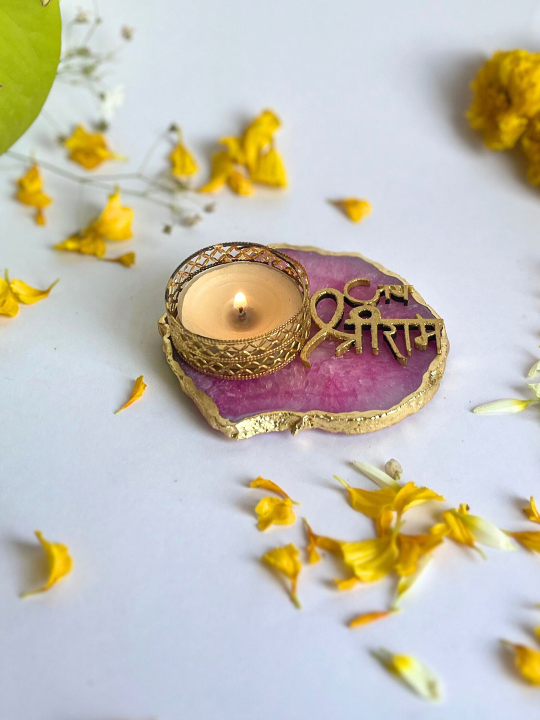 HOMEARTE Pink Jai Shree Ram Tea Light Candle Holder