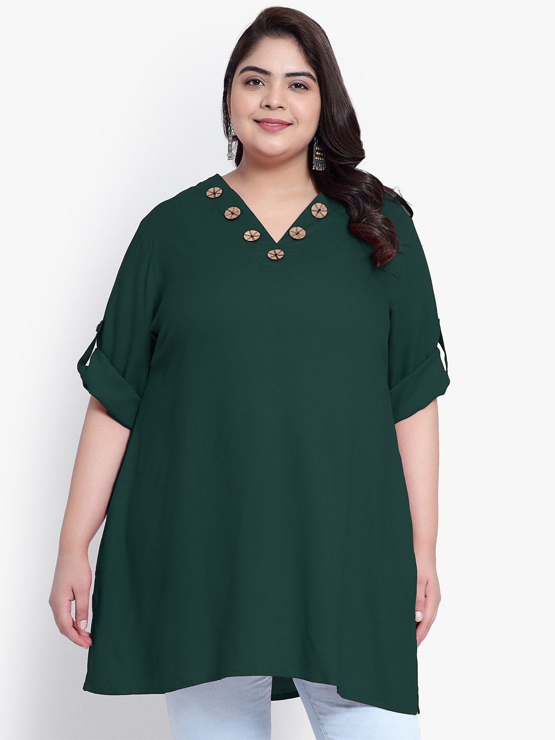 Indietoga Plus Size V-Neck Roll up Sleeves Tunic