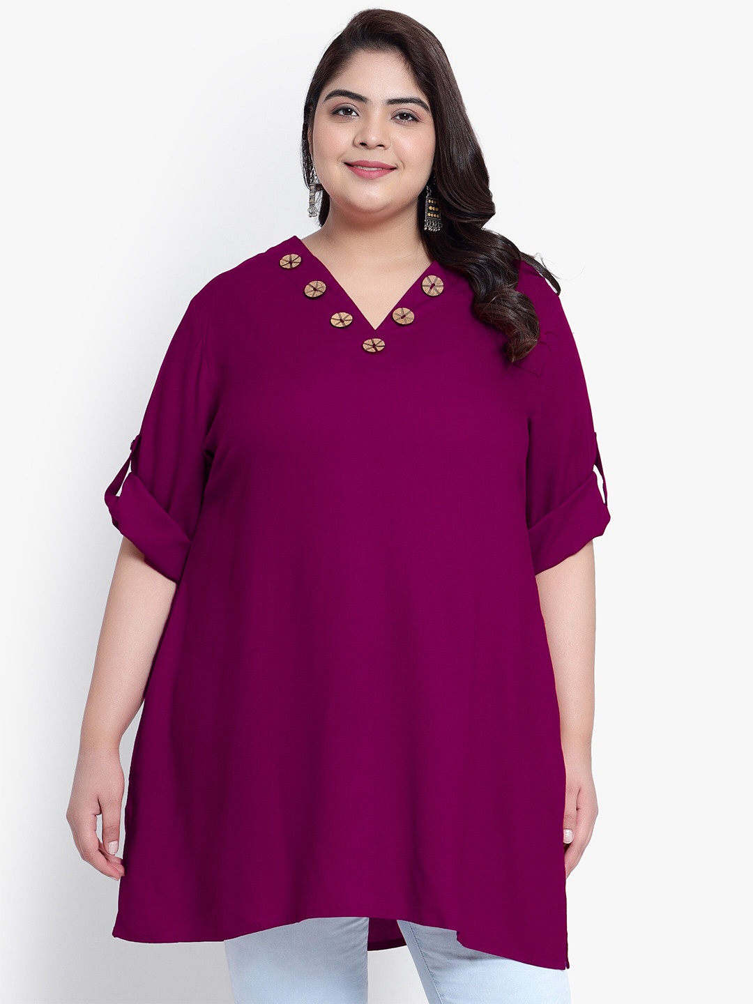 Indietoga Plus Size V-Neck Roll up Sleeves Tunic