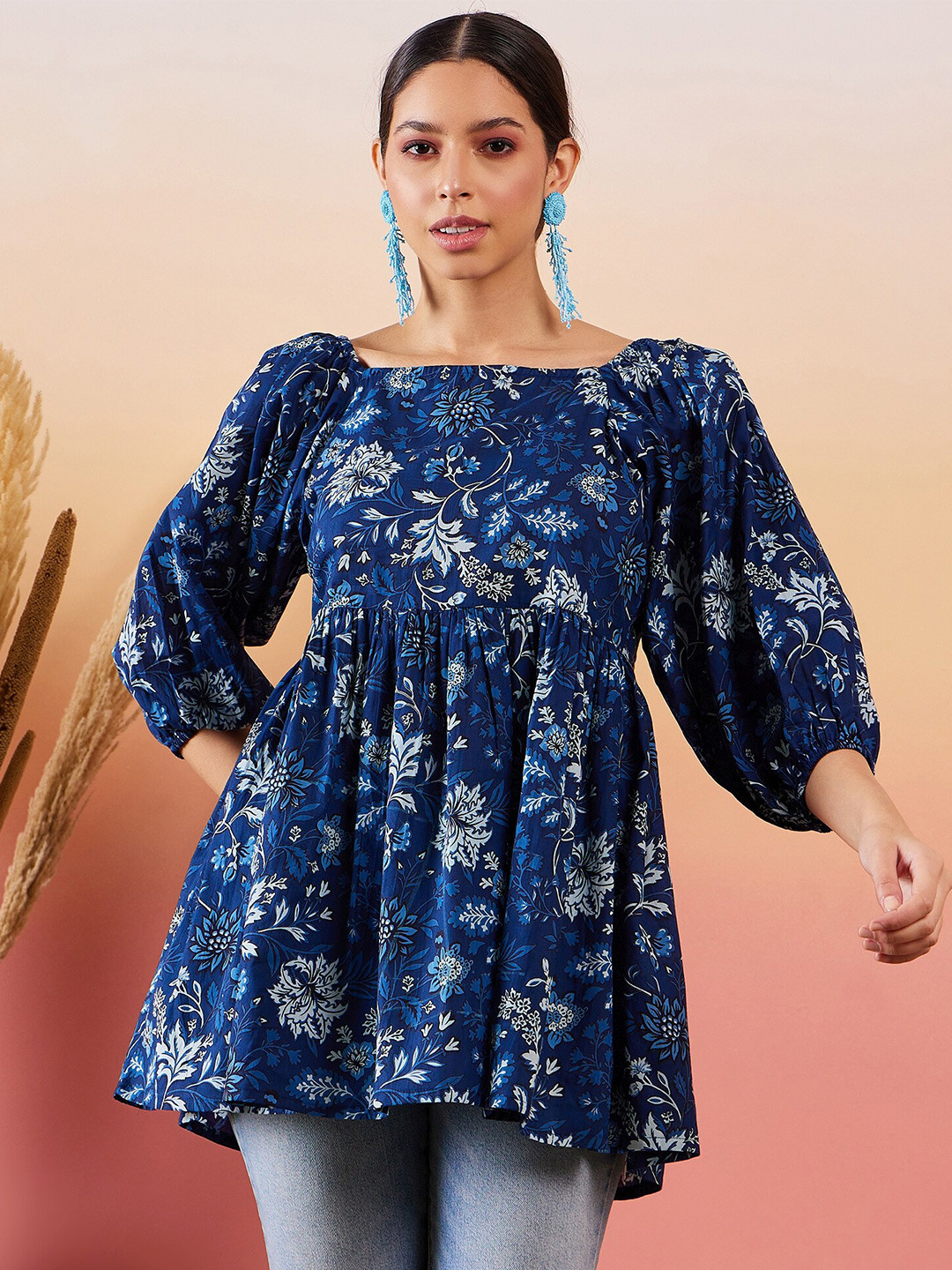 InWeave Floral Printed Square Neck Puff Sleeve Cotton Longline A-Line Top