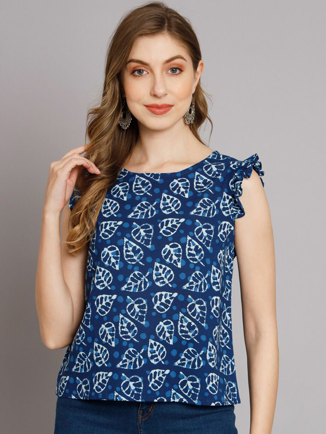KALINI Leaf Print Flutter Sleeve Cotton Top
