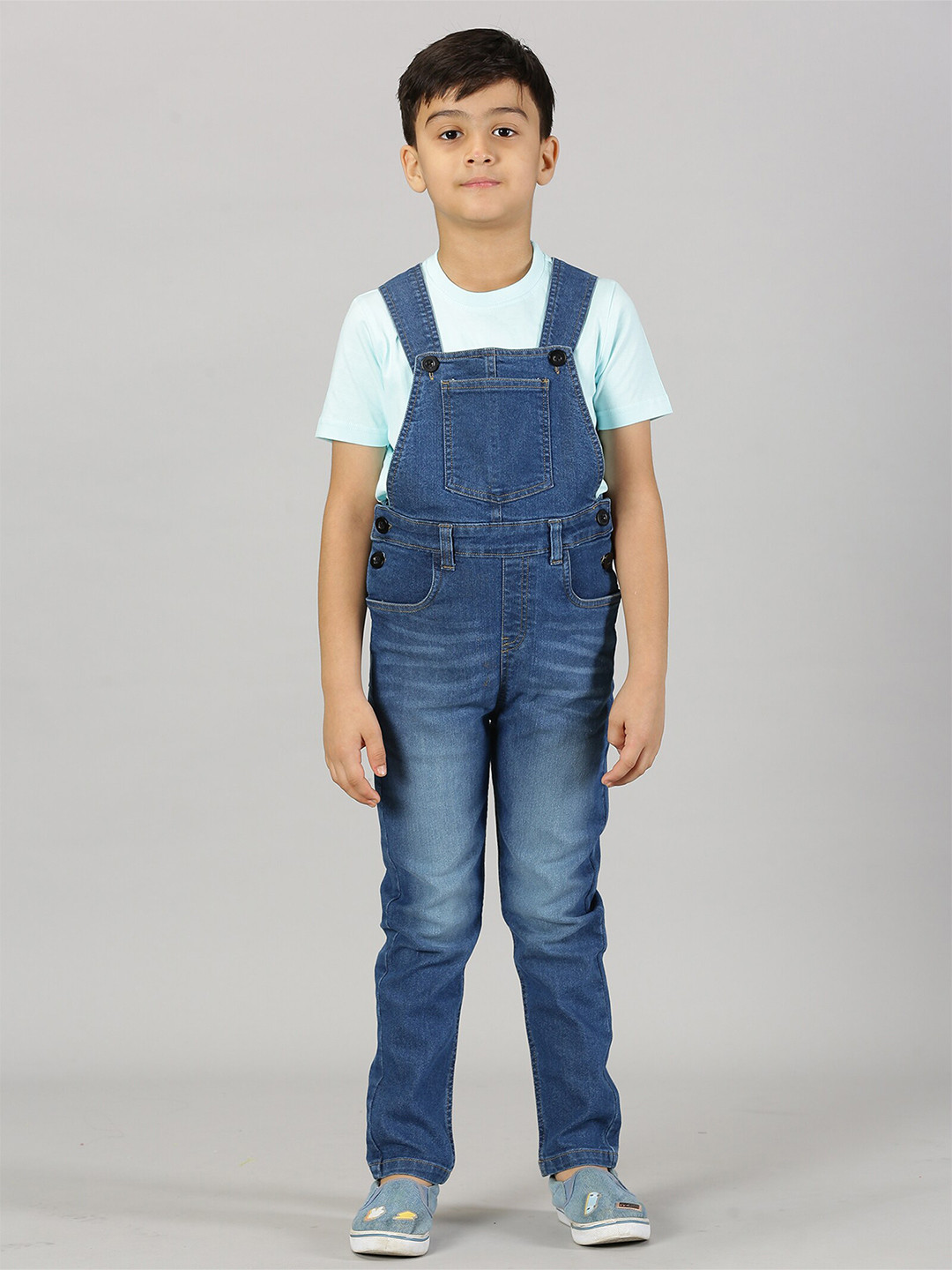 KiddoPanti Boys Shoulder Strap Denim Dungaree With T-shirt