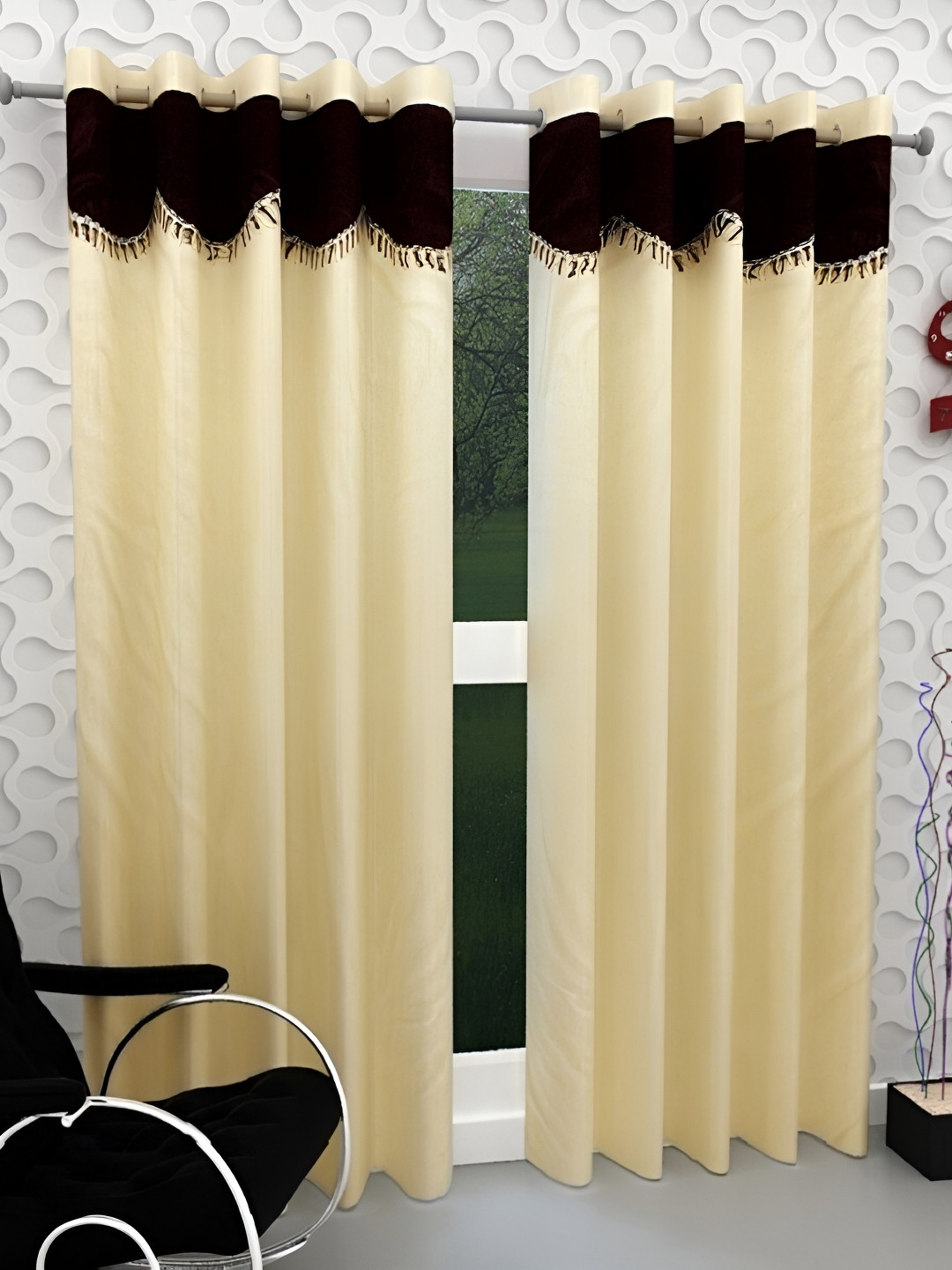 Panipat Textile Hub Cream-Coloured & Brown 2 Pieces Long Door Curtain