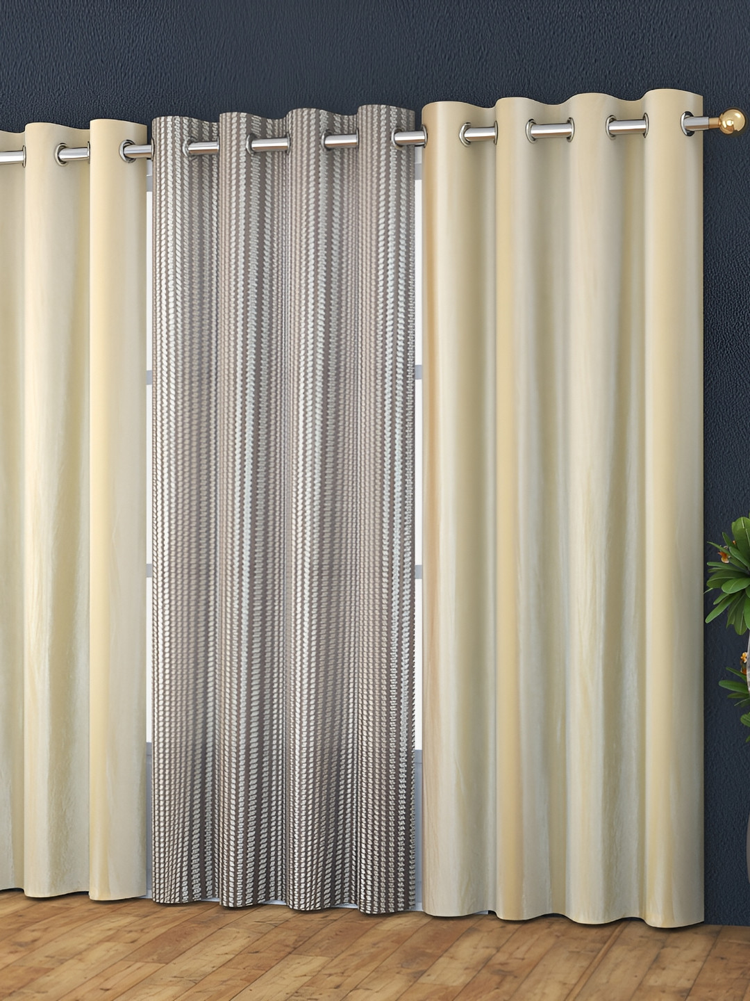 Panipat Textile Hub Beige & Silver Toned 3 Pieces Self Design Long Door Curtains