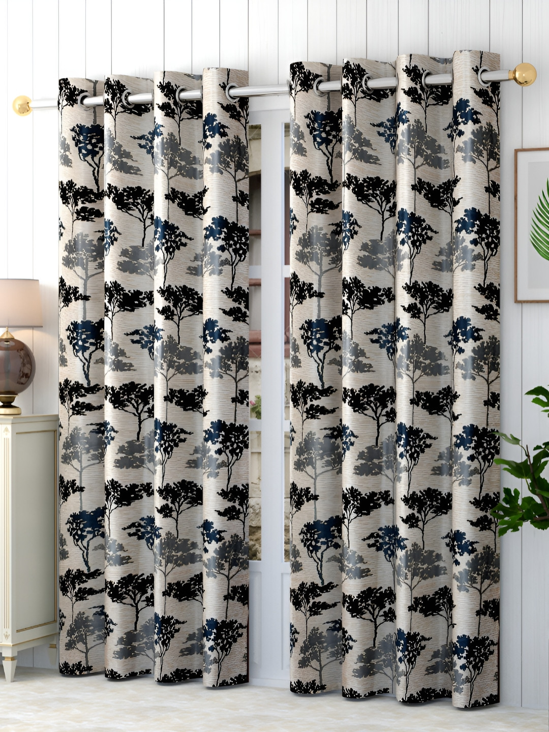 Panipat Textile Hub Black & Cream 2 Pieces Floral Long Door Curtain