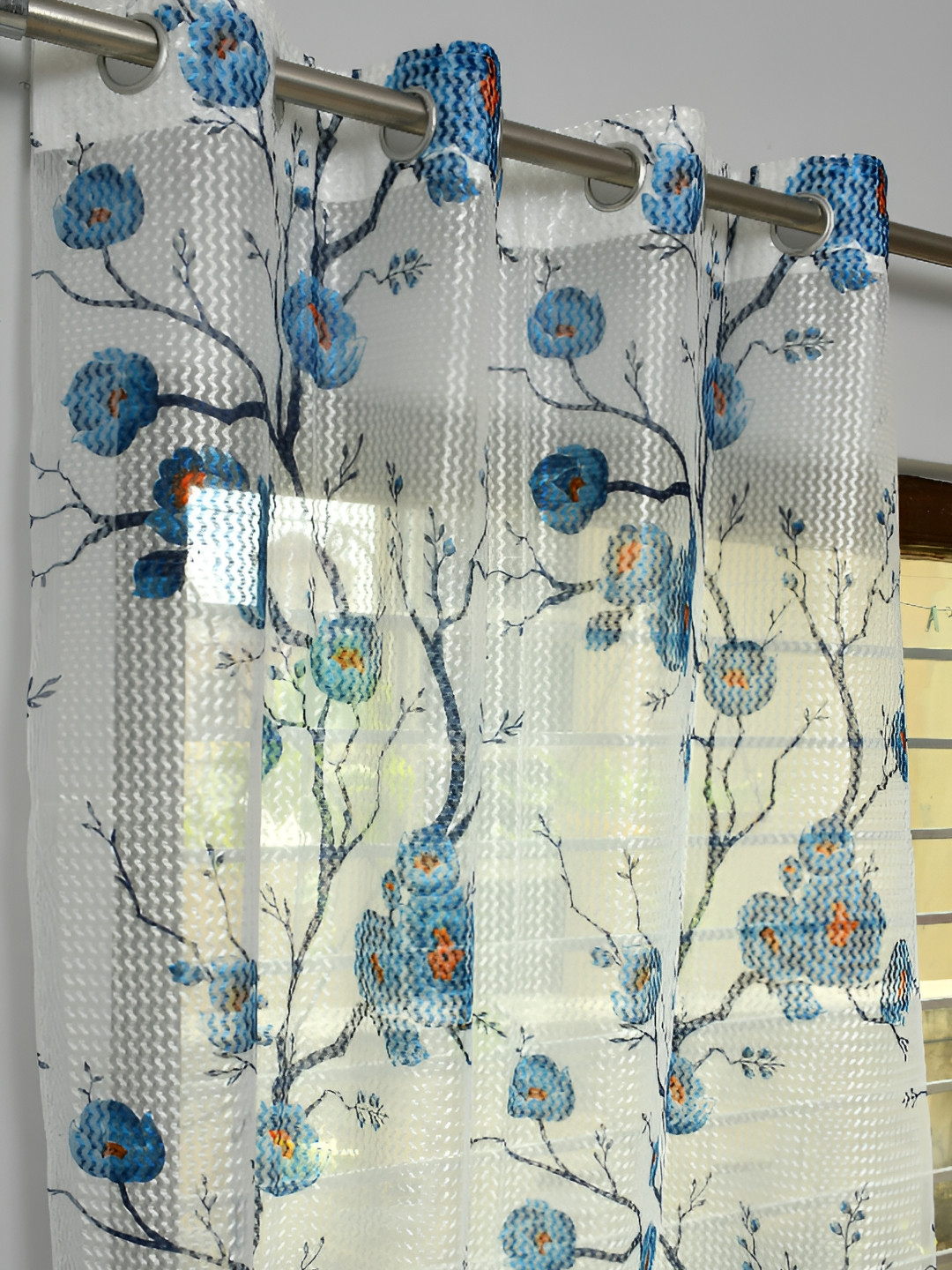 Panipat Textile Hub Blue & White 2 Pieces Floral Print Net Sheer Window Curtains