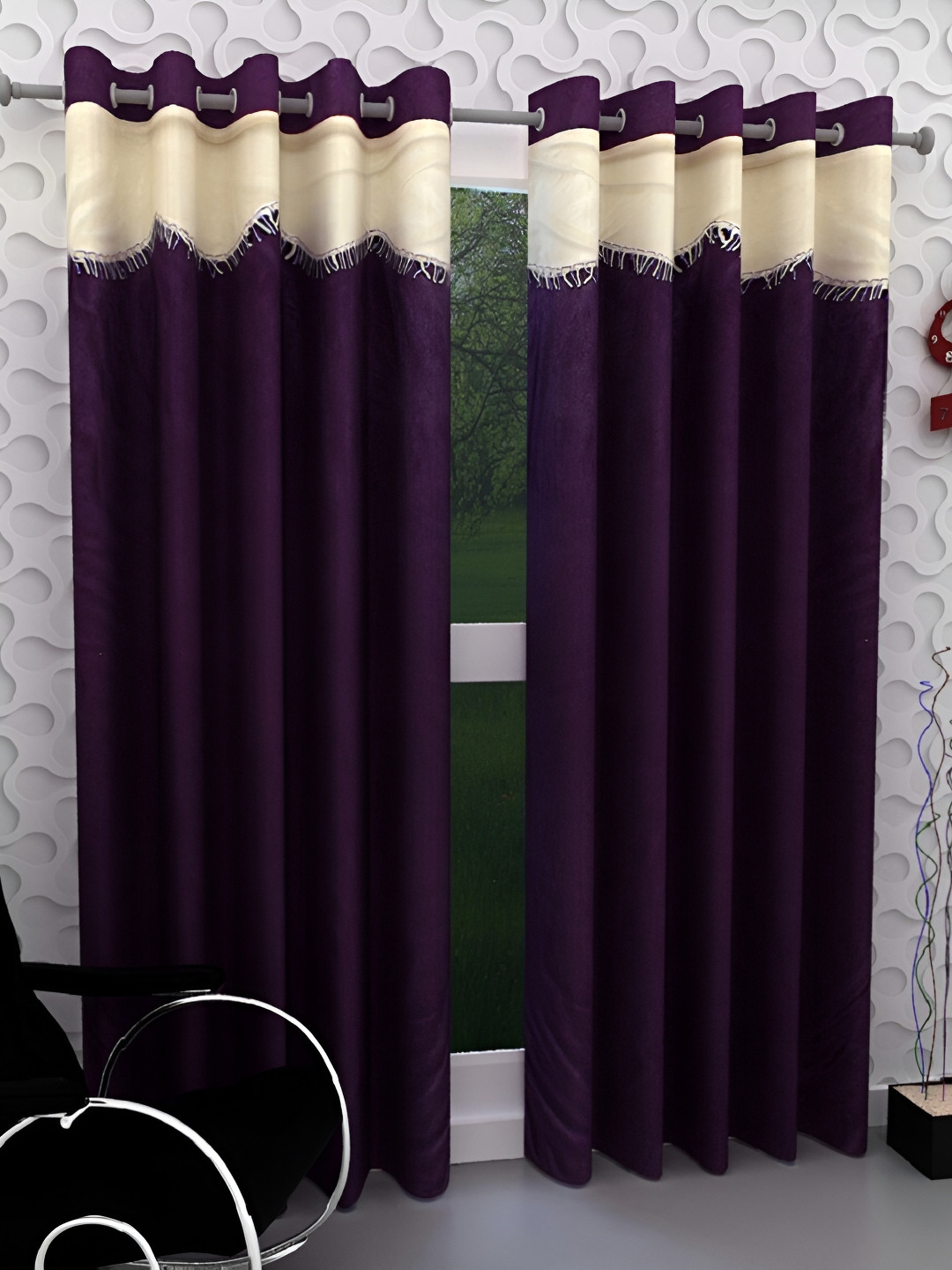 Panipat Textile Hub Purple & Cream-Coloured 2 Pieces Eyelet Long Door Curtains