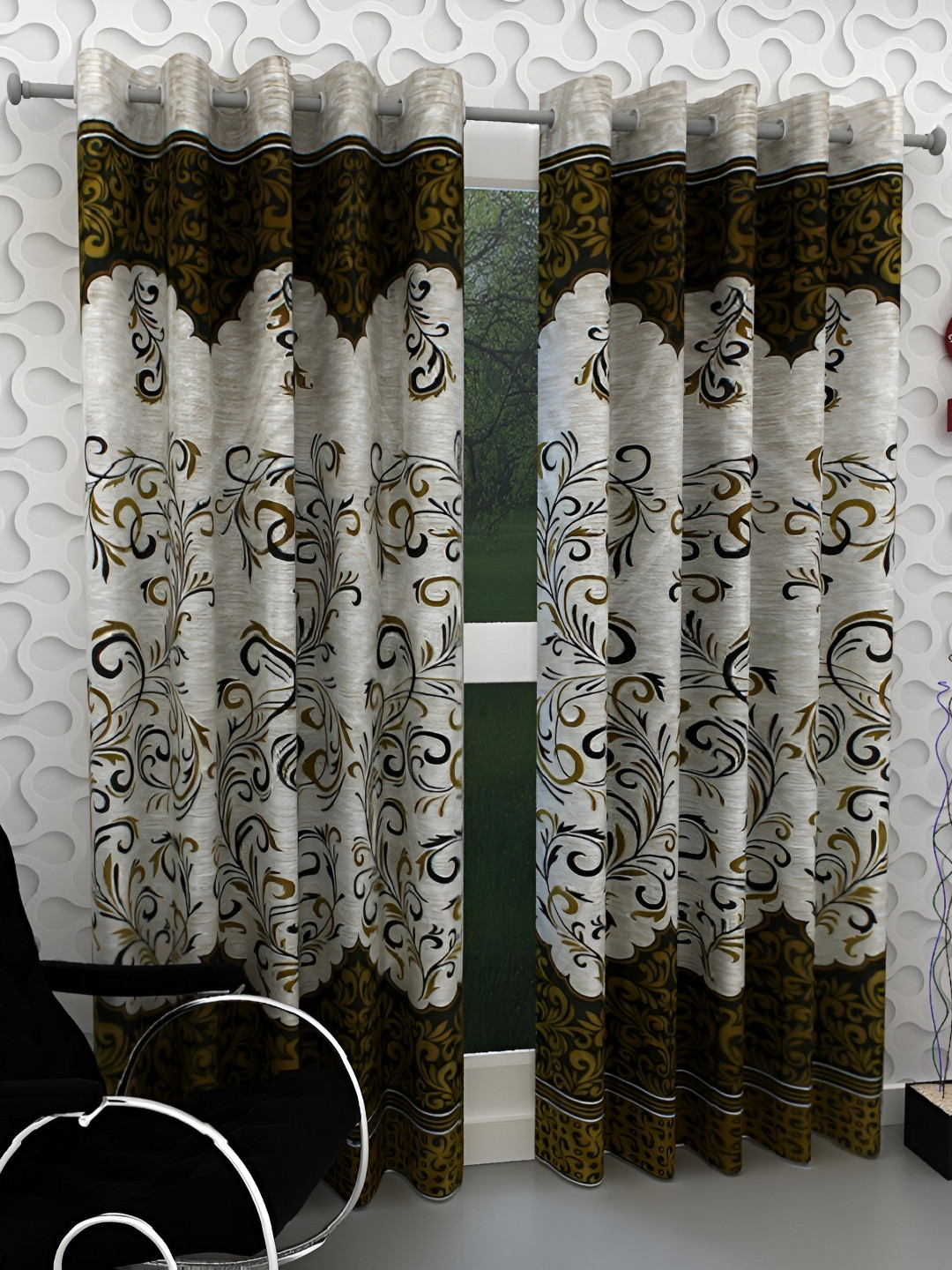 Panipat Textile Hub Green & Beige 2 Pieces Floral Printed Long Door Curtains