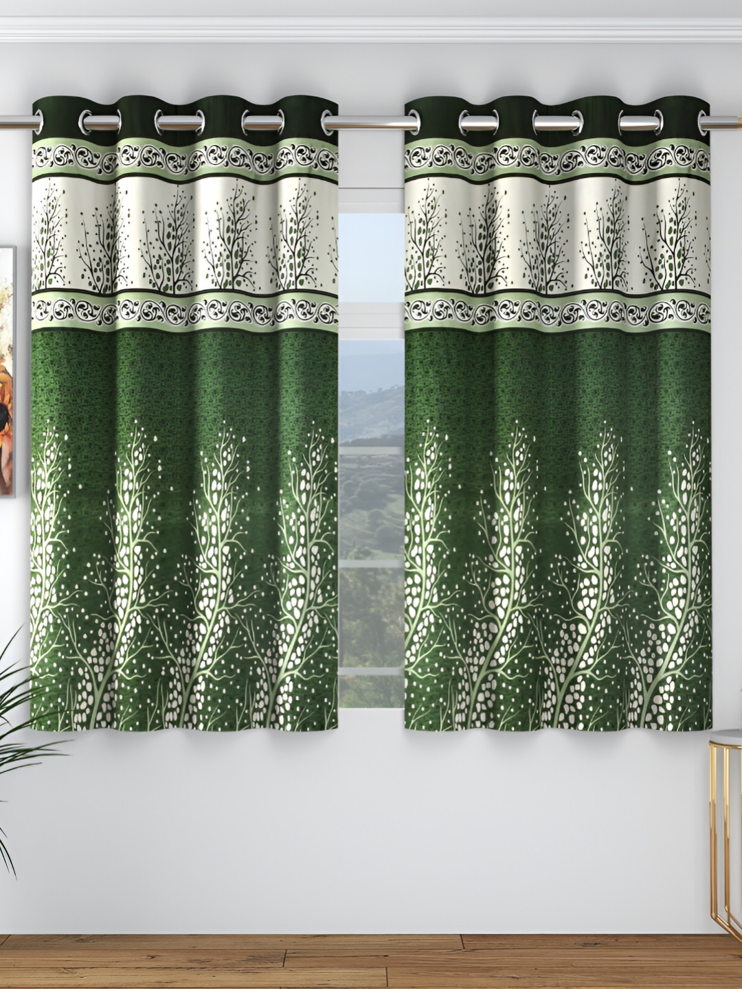 Panipat Textile Hub Green & White 2 Pieces Floral Print Room Darkening Window Curtains