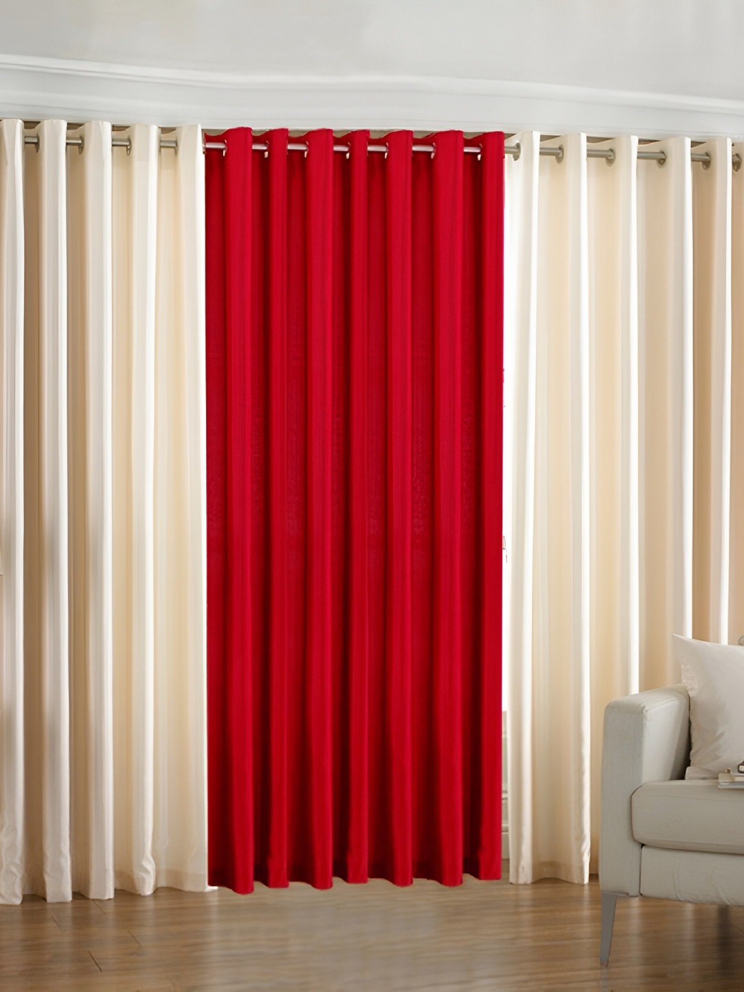 Panipat Textile Hub Red & Cream-Coloured 3 Pieces Semi Transparent Window Curtains