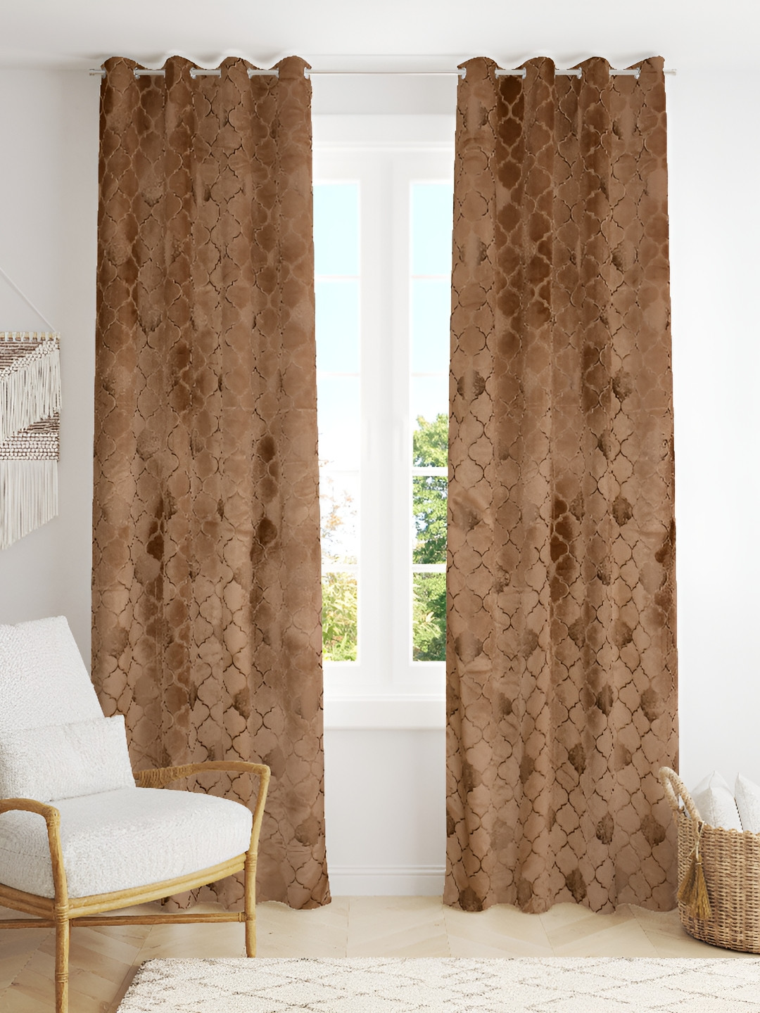 Panipat Textile Hub Beige & Brown 2 Pieces Geometric Room Darkening Velvet Door Curtains