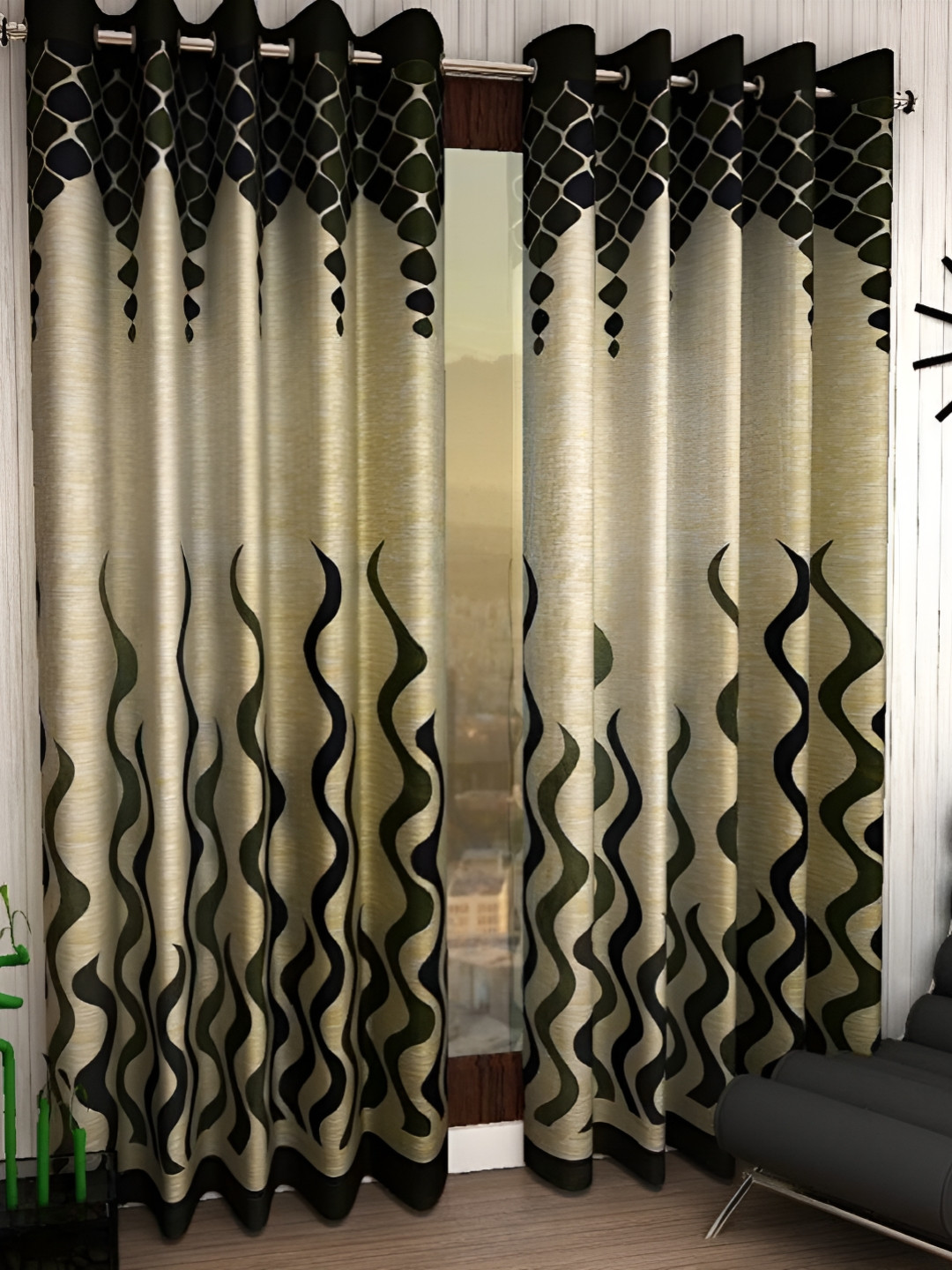 Panipat Textile Hub Green & Black 2 Pieces Geometric Room Darkening Door Curtain