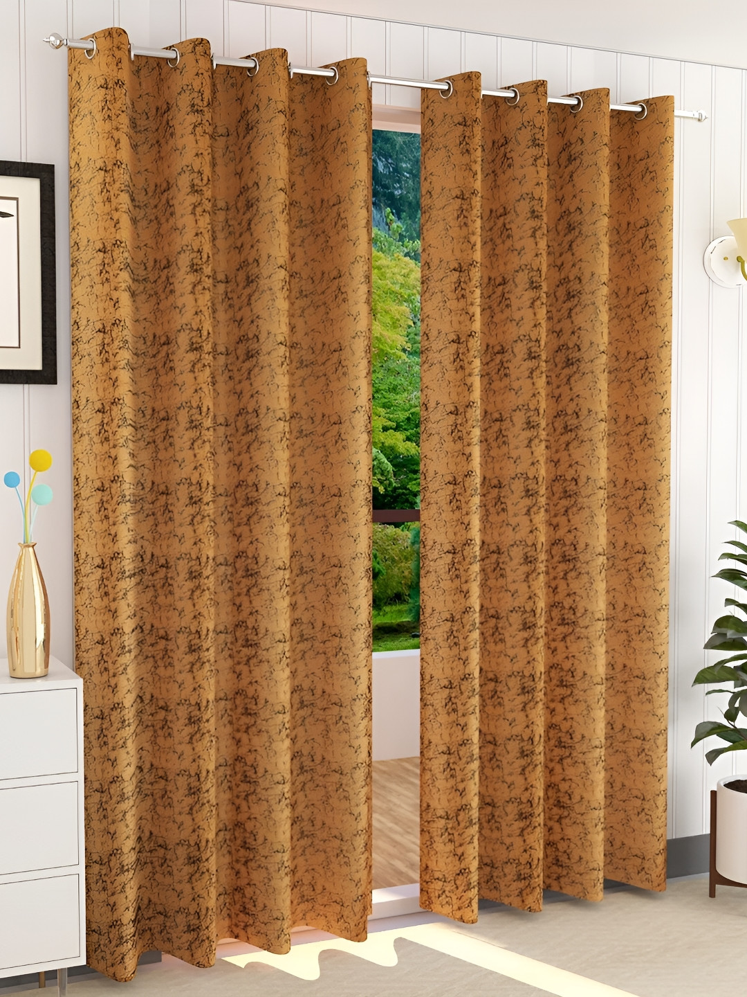 Panipat Textile Hub Yellow 2 Pieces Abstract Velvet Room Darkening Long Door Curtains