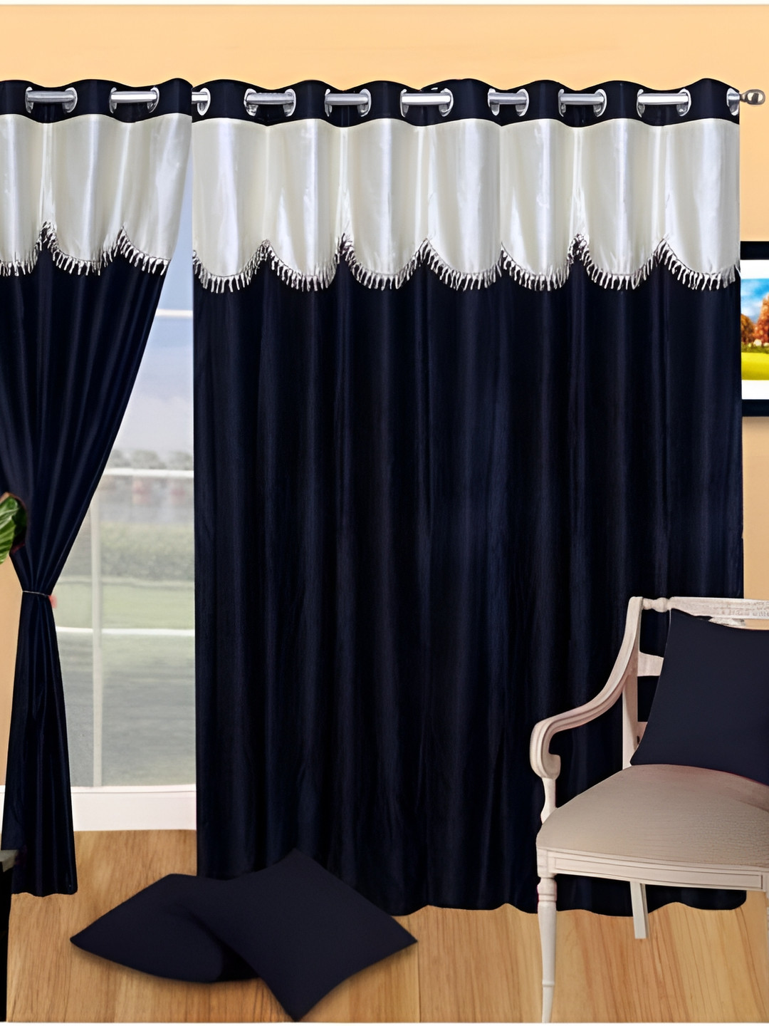 Panipat Textile Hub Black & White 2 Pieces Semi Transparent Long Door Curtain 9 ft