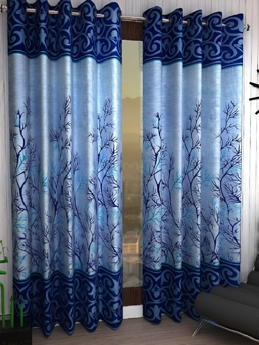 Panipat Textile Hub Blue 2 Pieces Floral Eyelet Long Door Curtains