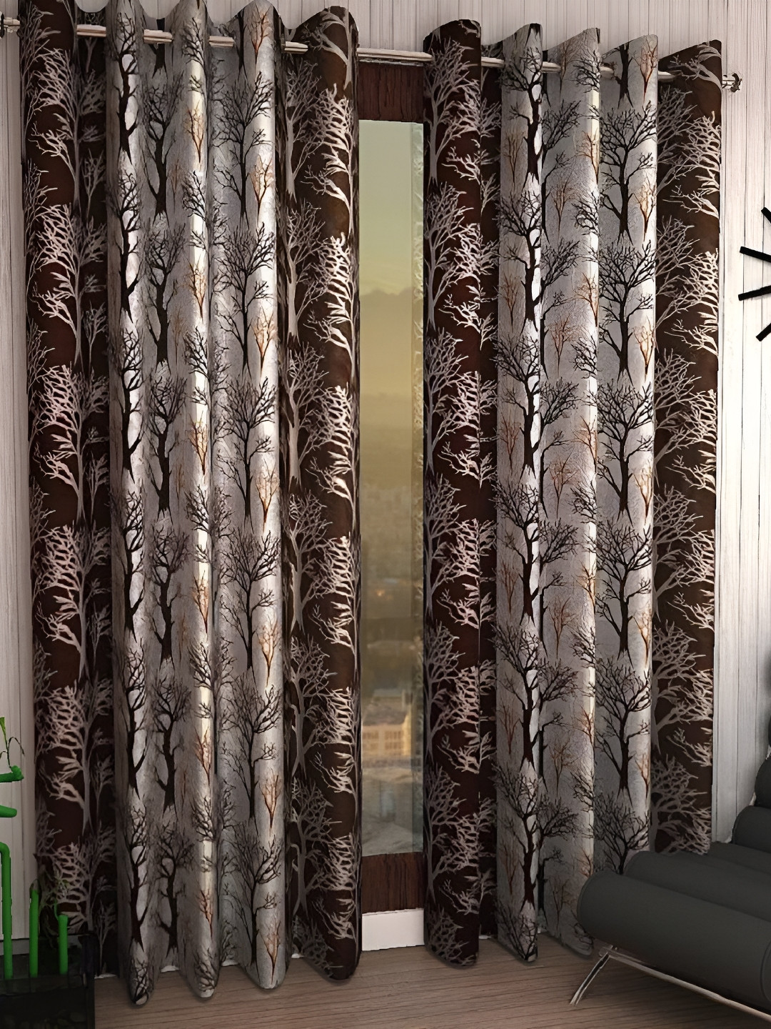 Panipat Textile Hub Brown 4 Pieces Floral Eyelet Door Curtains