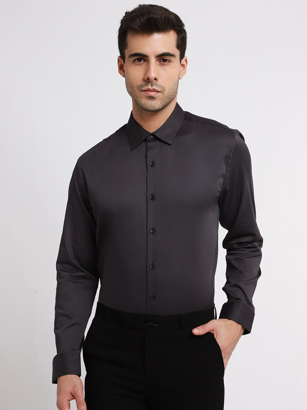 Banana Club Classic Slim Fit Spread Collar Satin Formal Shirt