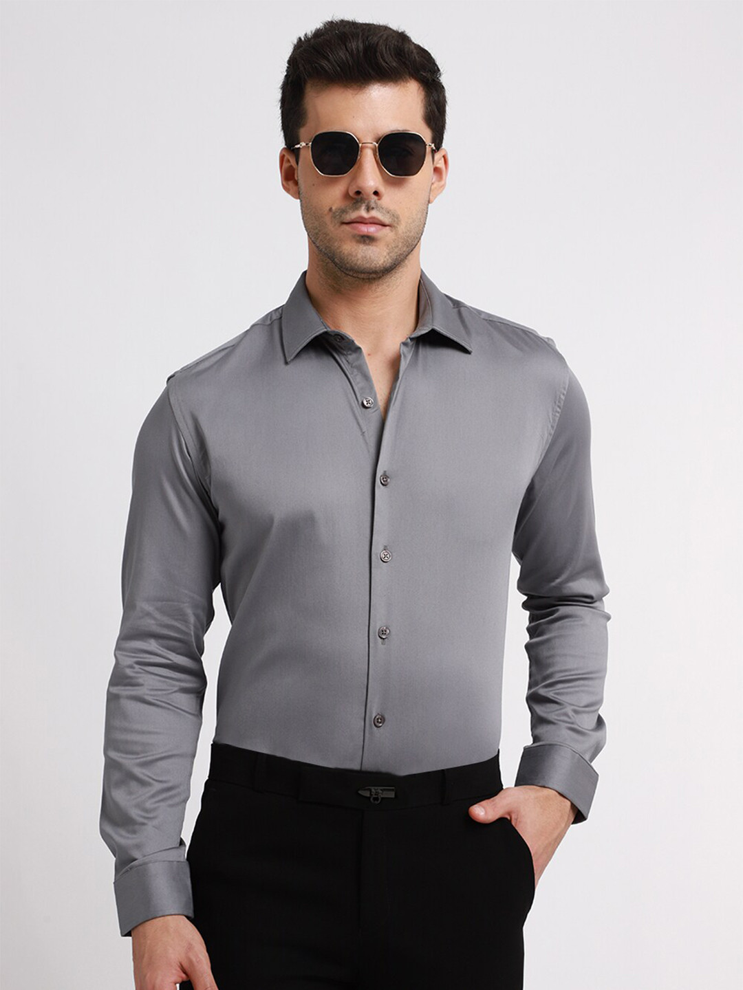 Banana Club Spread Collar Classic Slim Fit Satin Casual Shirt
