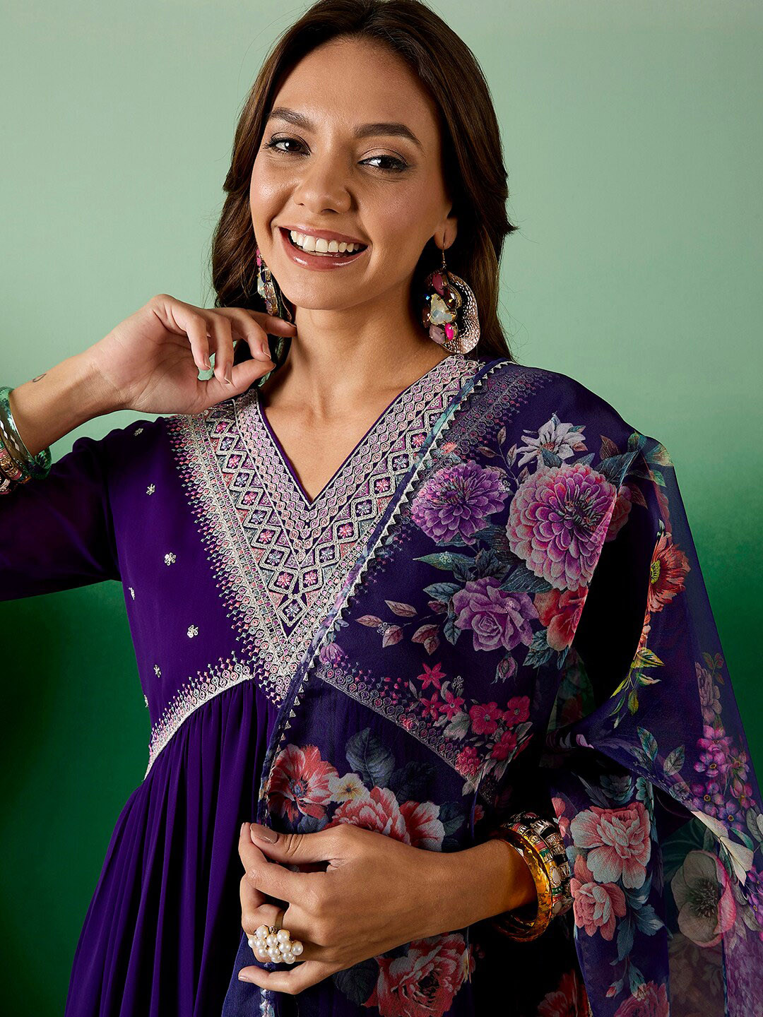 Sangria Purple Floral Embroidered Alia Cut Empire Kurta With Trouser & Dupatta