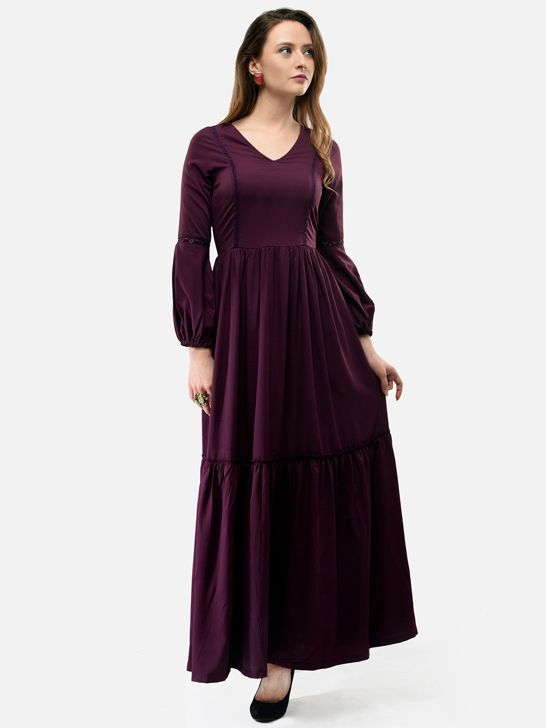 V&M V-Neck Puff Sleeve Maxi Dress
