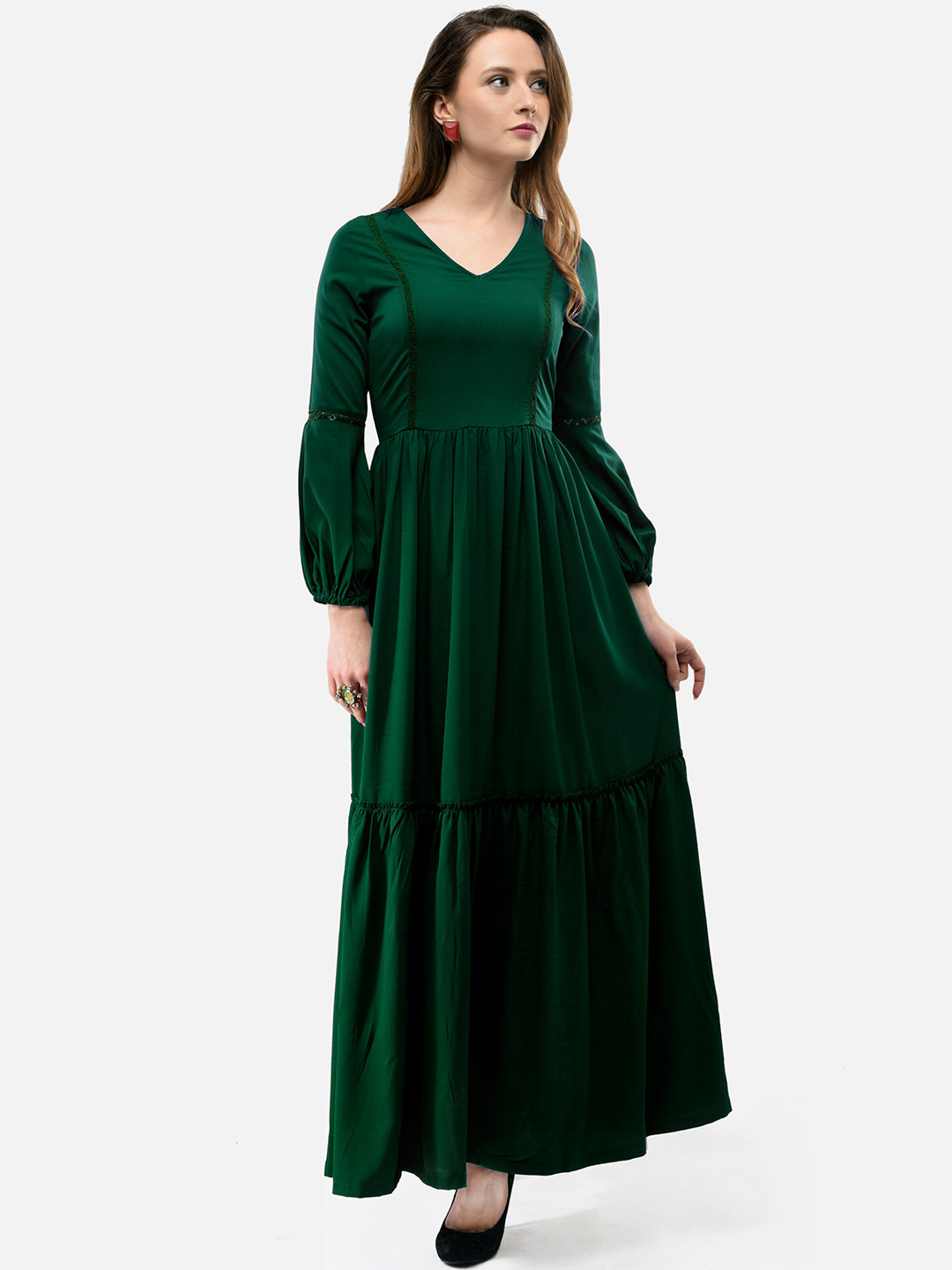 V&M V-Neck Bishop Sleeves Pleated Crepe Maxi Dress
